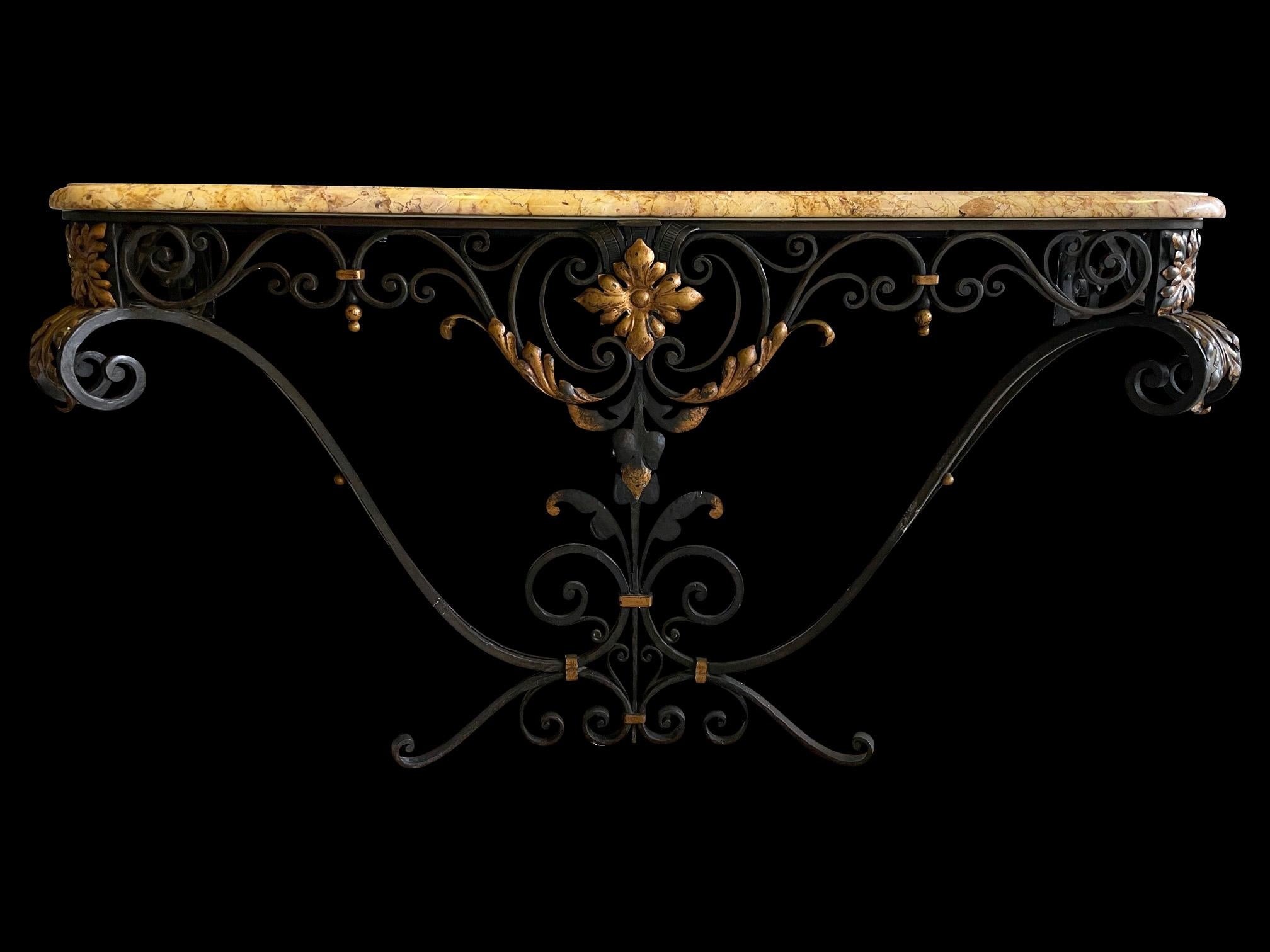 Art Deco French Wrought Iron and Marble Console Table For Sale