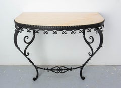 Console francese in ferro battuto e piano in marmo, stile Luigi XV, metà del secolo scorso