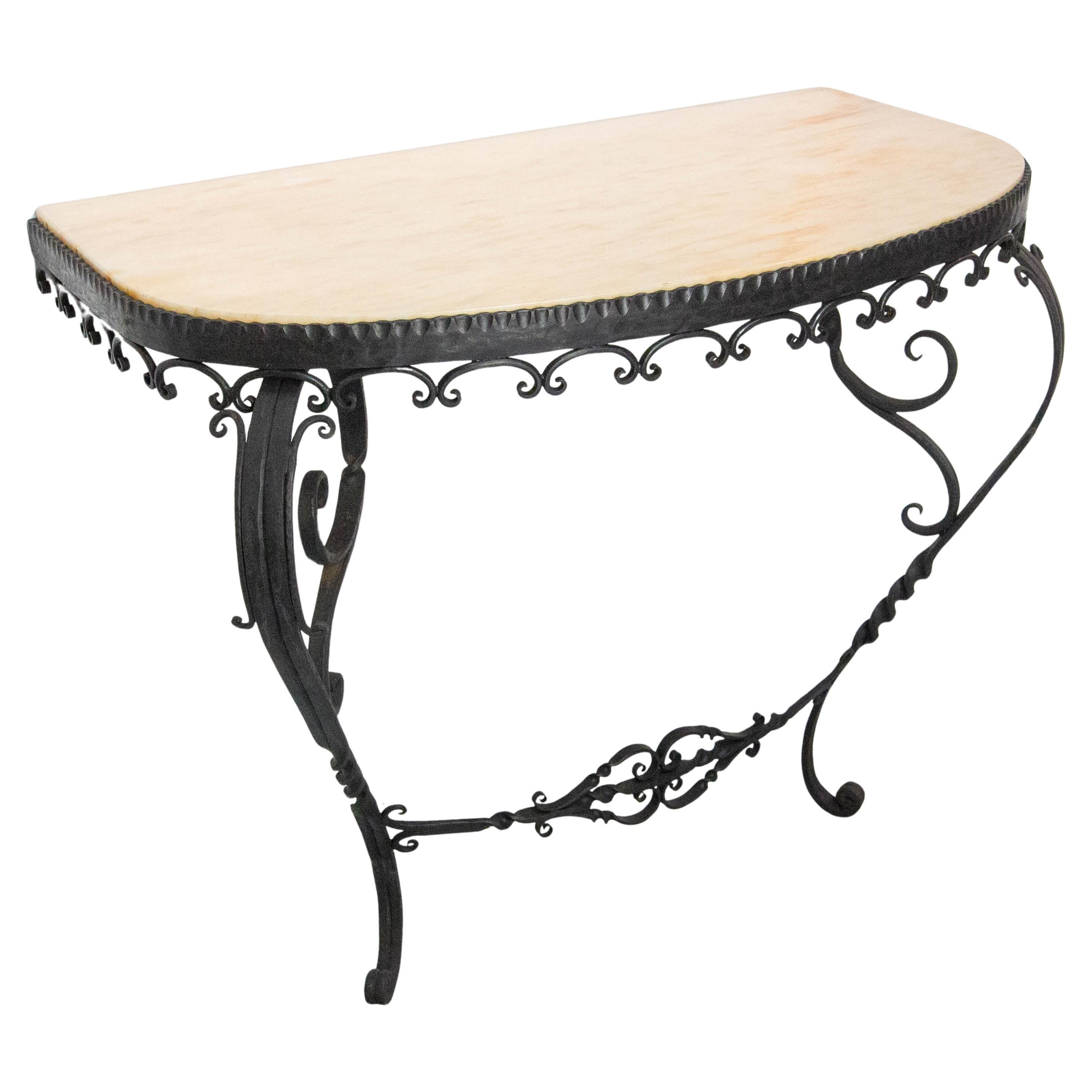 French Wrought Iron and Marble Top Console, Louis XV Style, Mid-Century