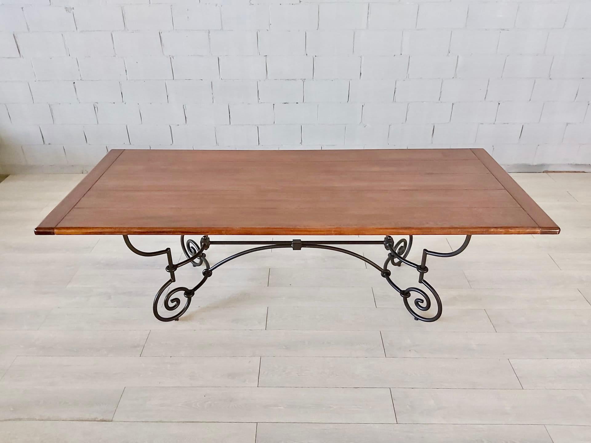 20th Century  French Wrought Iron and Oak Dining Table