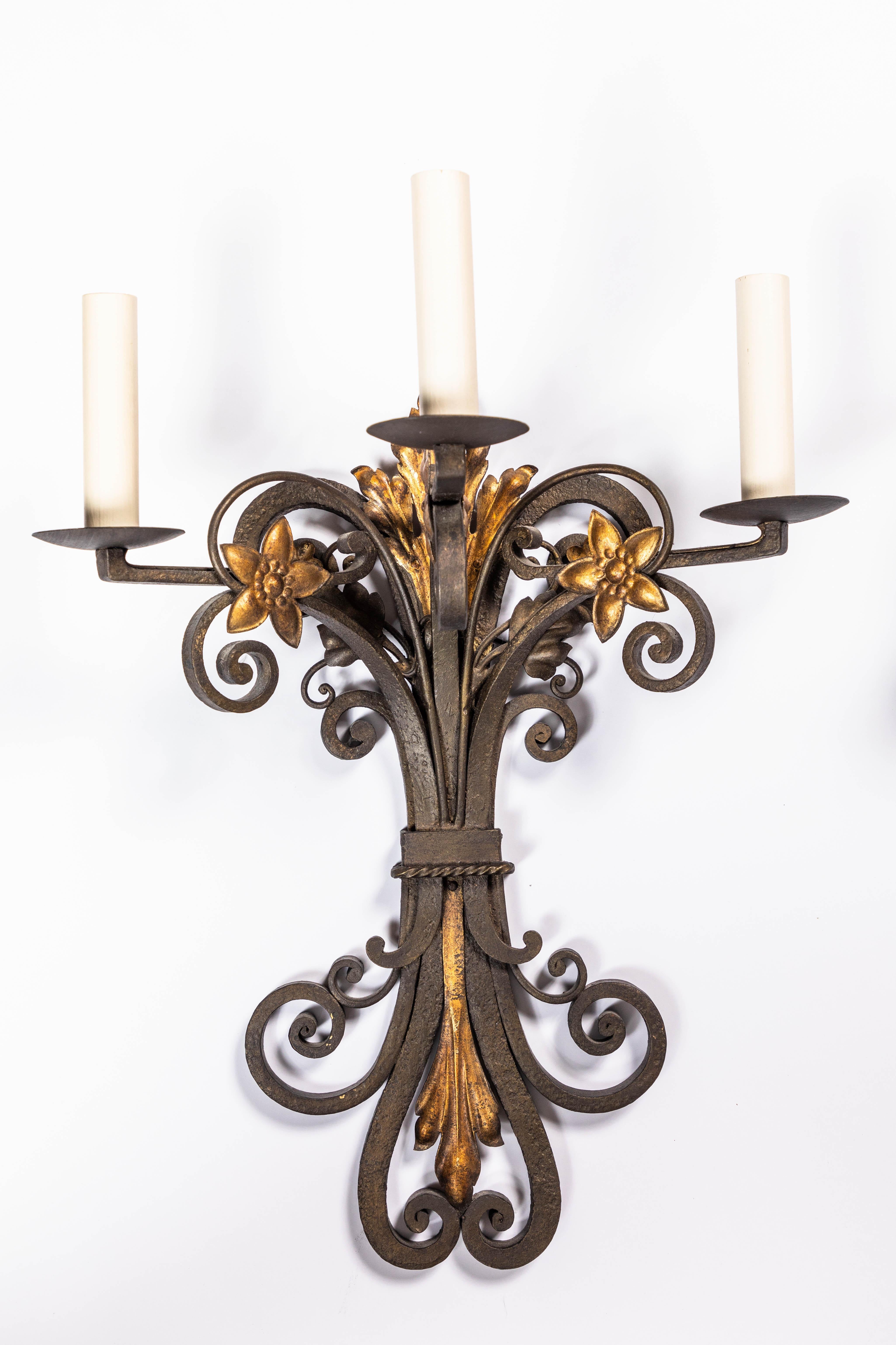 Empire French Wrought Iron and Parcel Gilt Sconces, circa 1930 For Sale