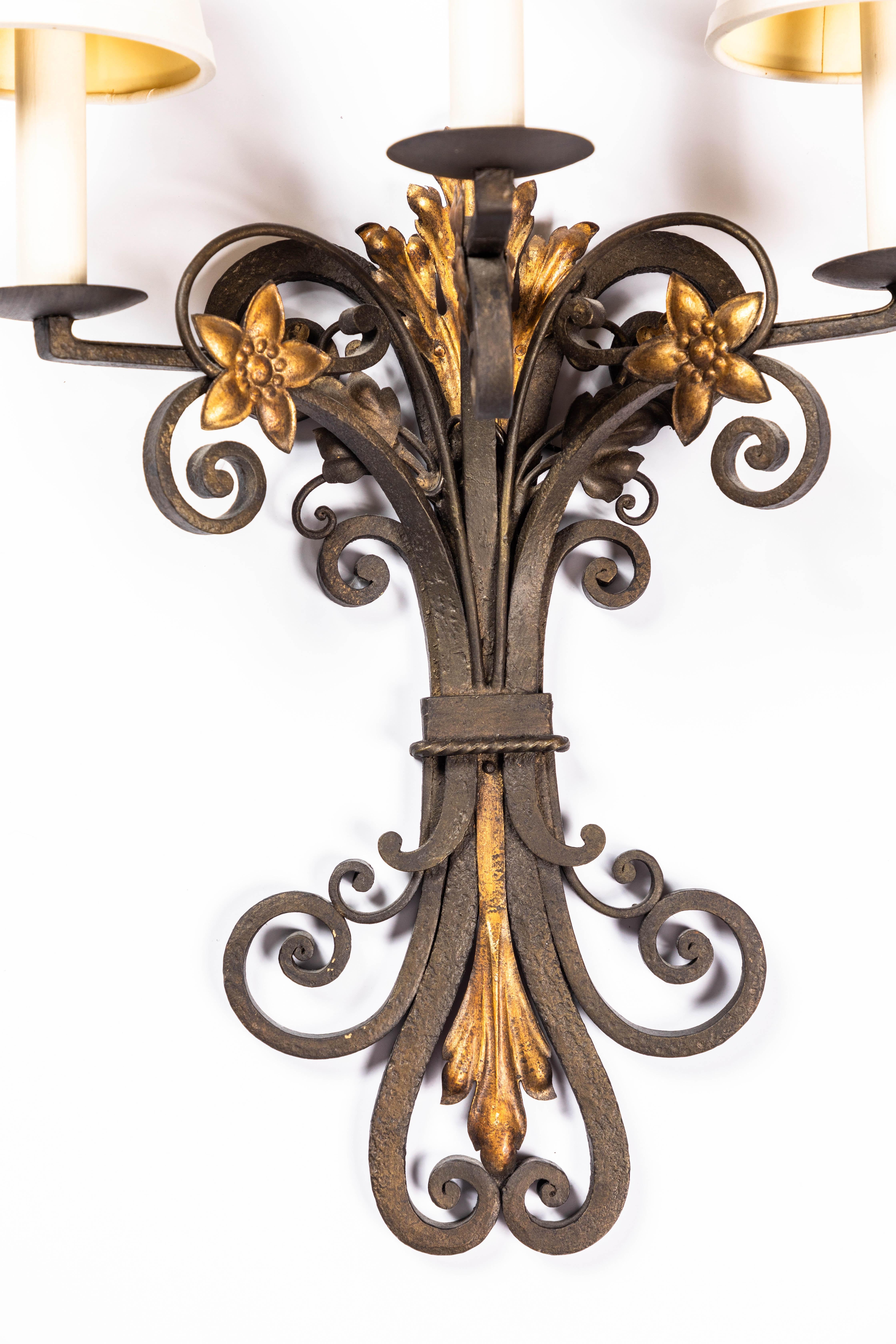 French Wrought Iron and Parcel Gilt Sconces, circa 1930 In Good Condition For Sale In Chicago, IL