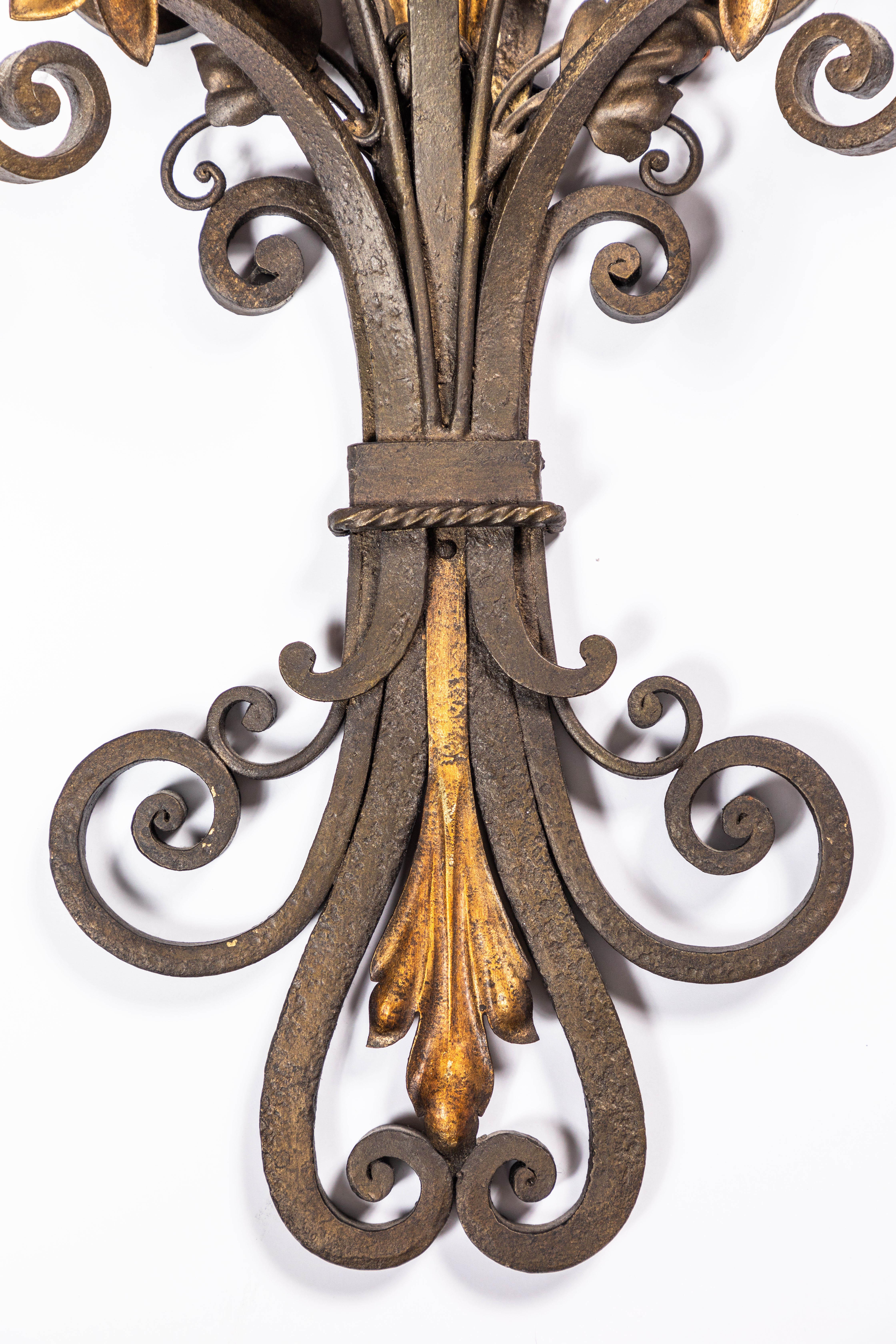 Mid-20th Century French Wrought Iron and Parcel Gilt Sconces, circa 1930 For Sale