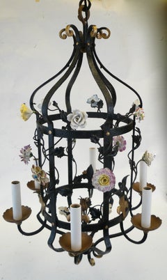 French Wrought Iron and Porcelain Flower Chandelier
