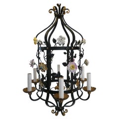Antique French Wrought Iron and Porcelain Flower Chandelier