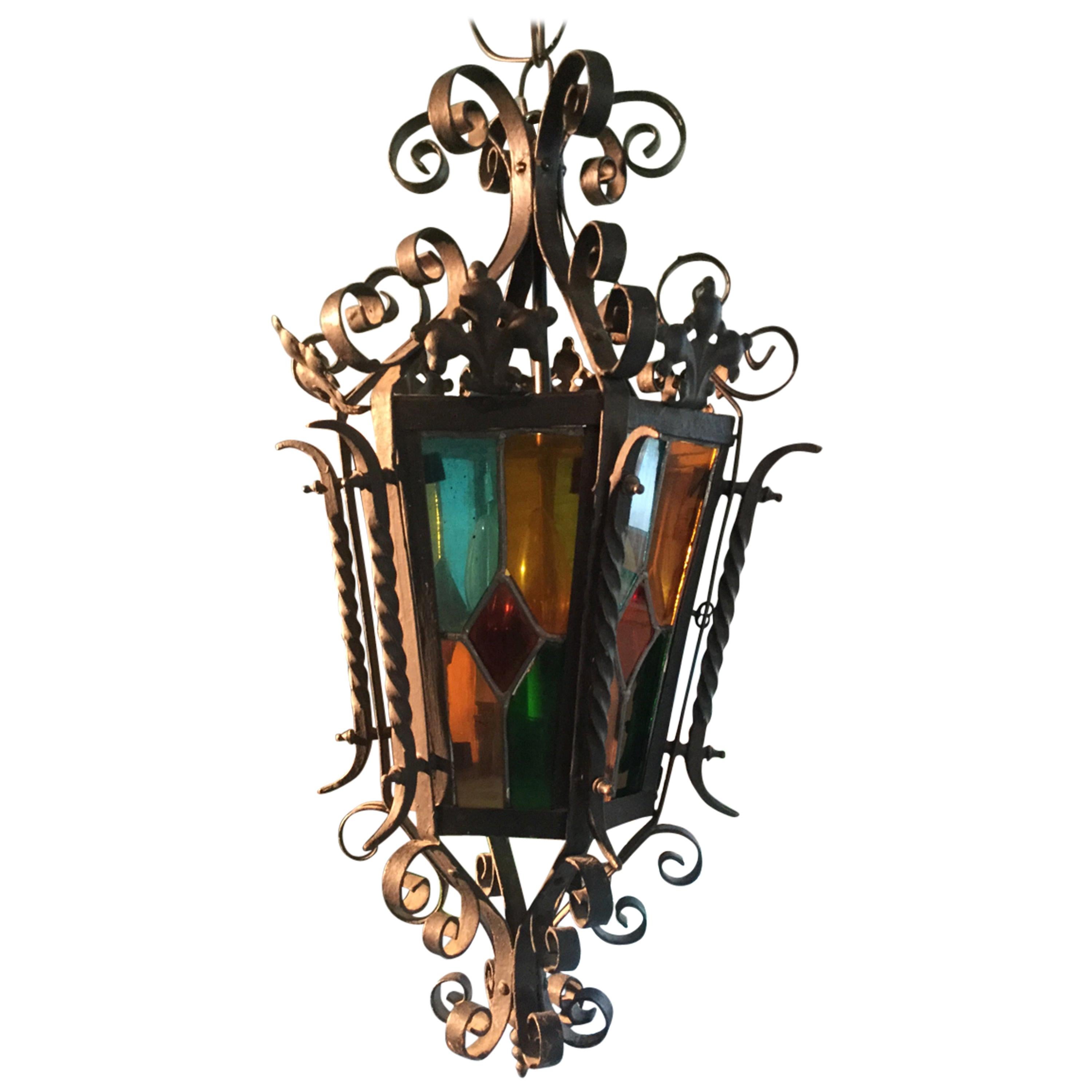 French Wrought Iron and Stained-Glass Chandelier For Sale