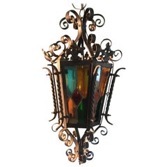 French Wrought Iron and Stained-Glass Chandelier