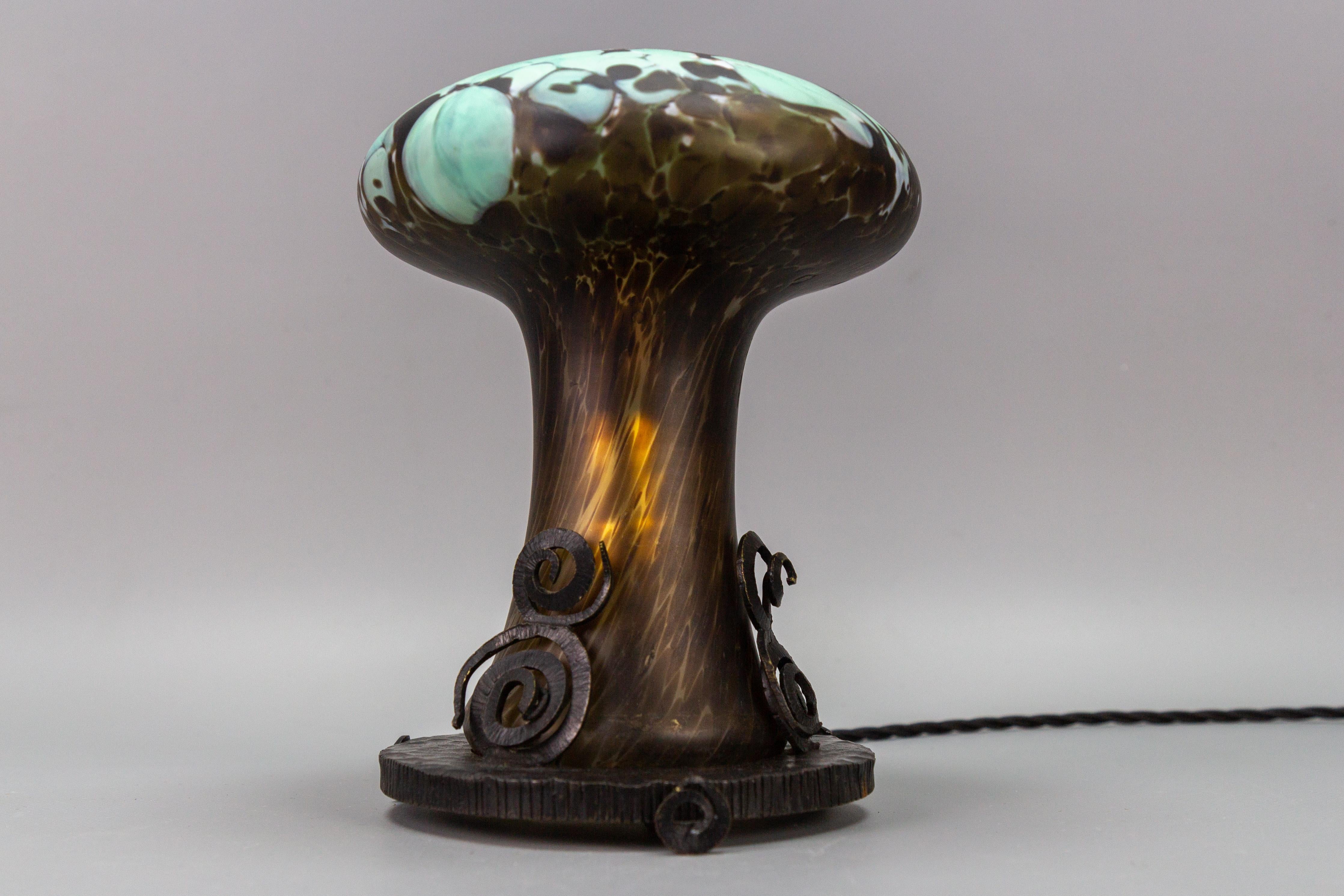 French Wrought Iron and Turquoise & Dark Brown Art Glass Lamp Mushroom 5