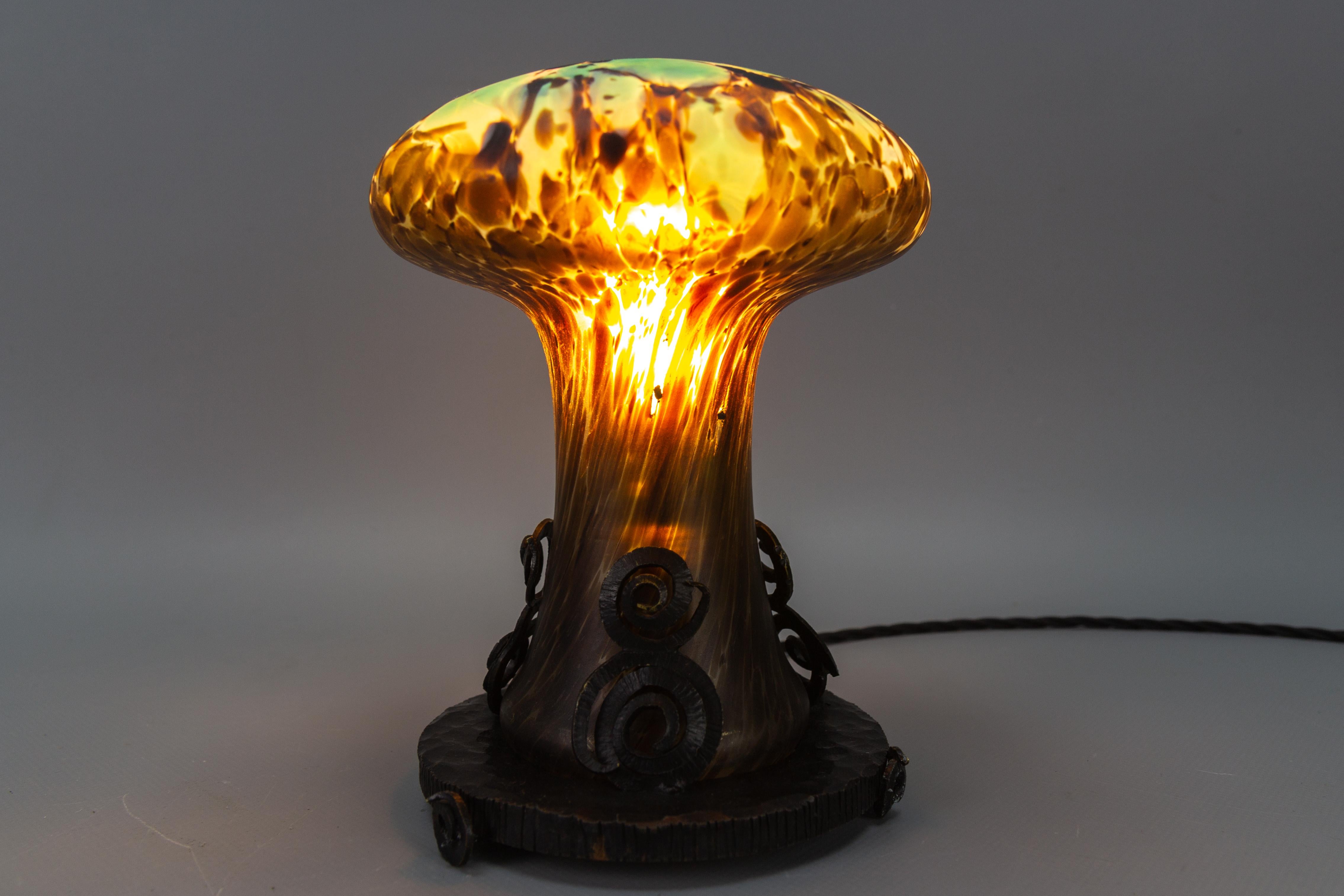 French Wrought Iron and Turquoise & Dark Brown Art Glass Lamp Mushroom 6