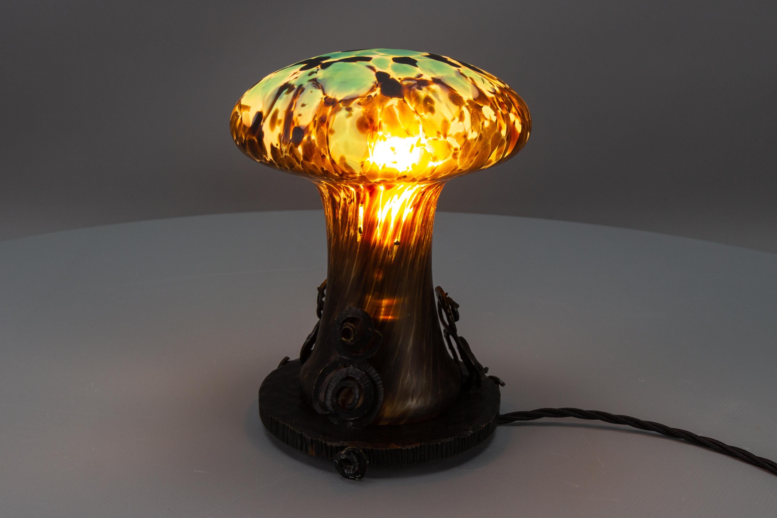 French Wrought Iron and Turquoise & Dark Brown Art Glass Lamp Mushroom 7