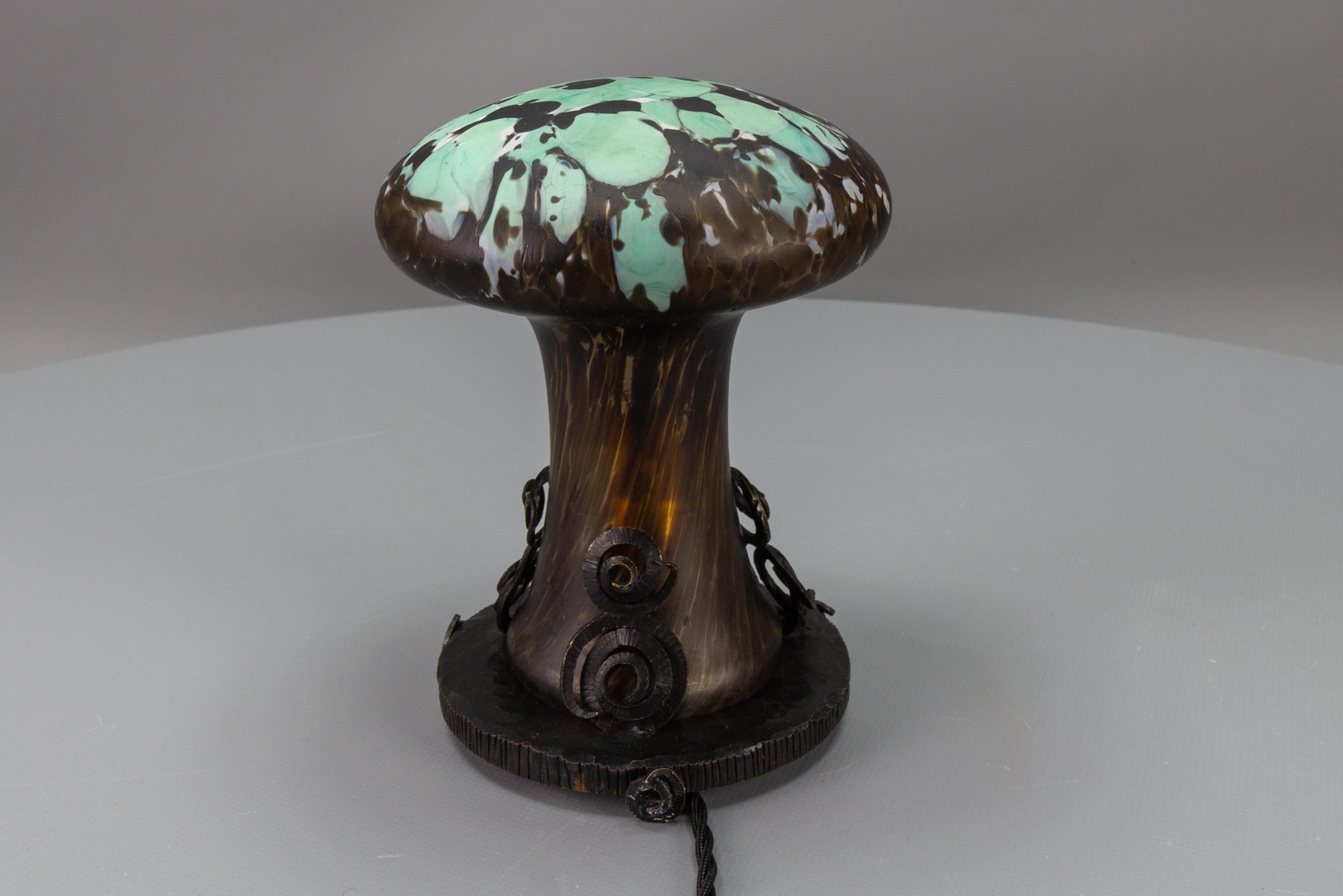 French Wrought Iron and Turquoise & Dark Brown Art Glass Lamp Mushroom 8