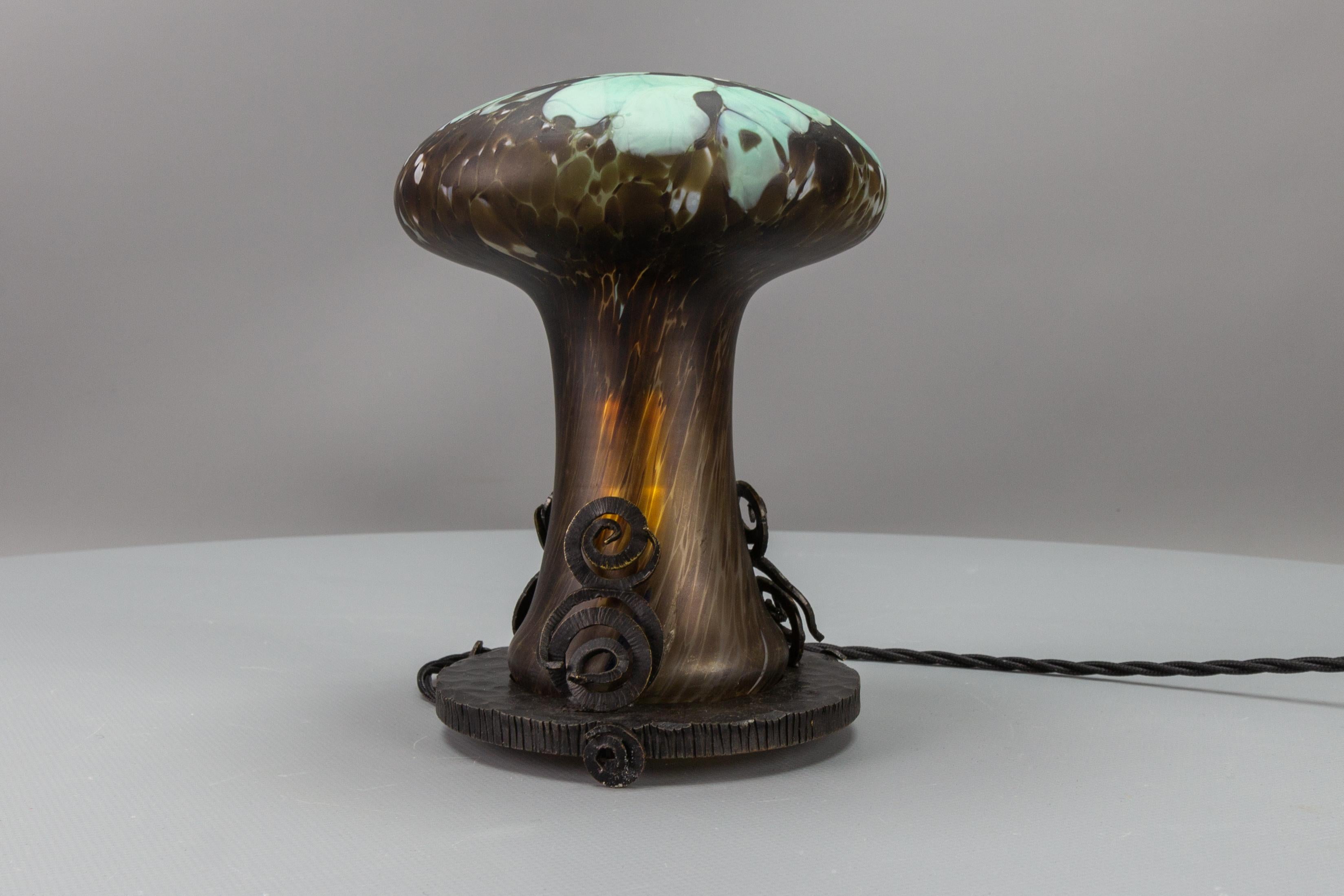 French Wrought Iron and Turquoise & Dark Brown Art Glass Lamp Mushroom 9