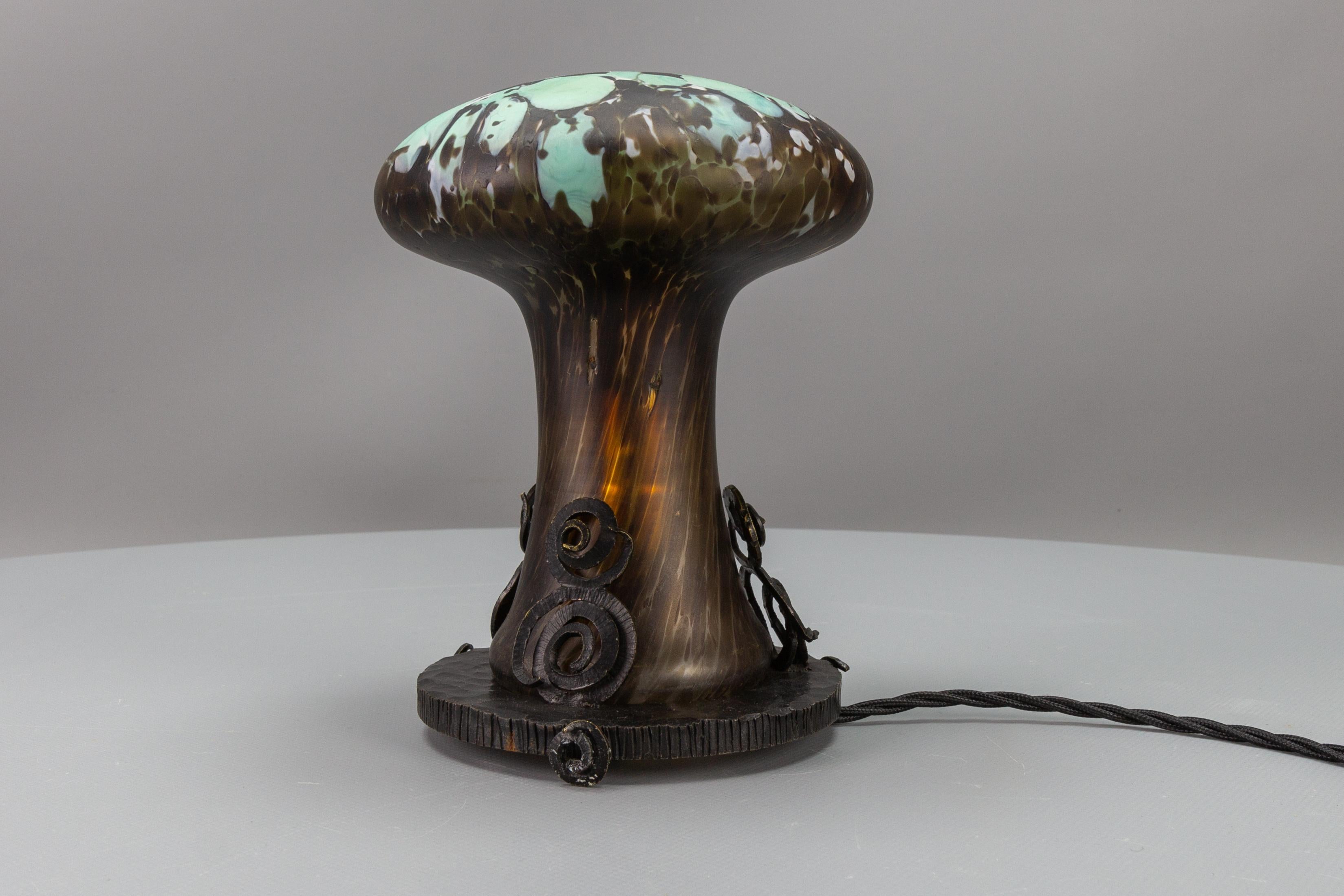 French Wrought Iron and Turquoise & Dark Brown Art Glass Lamp Mushroom 10