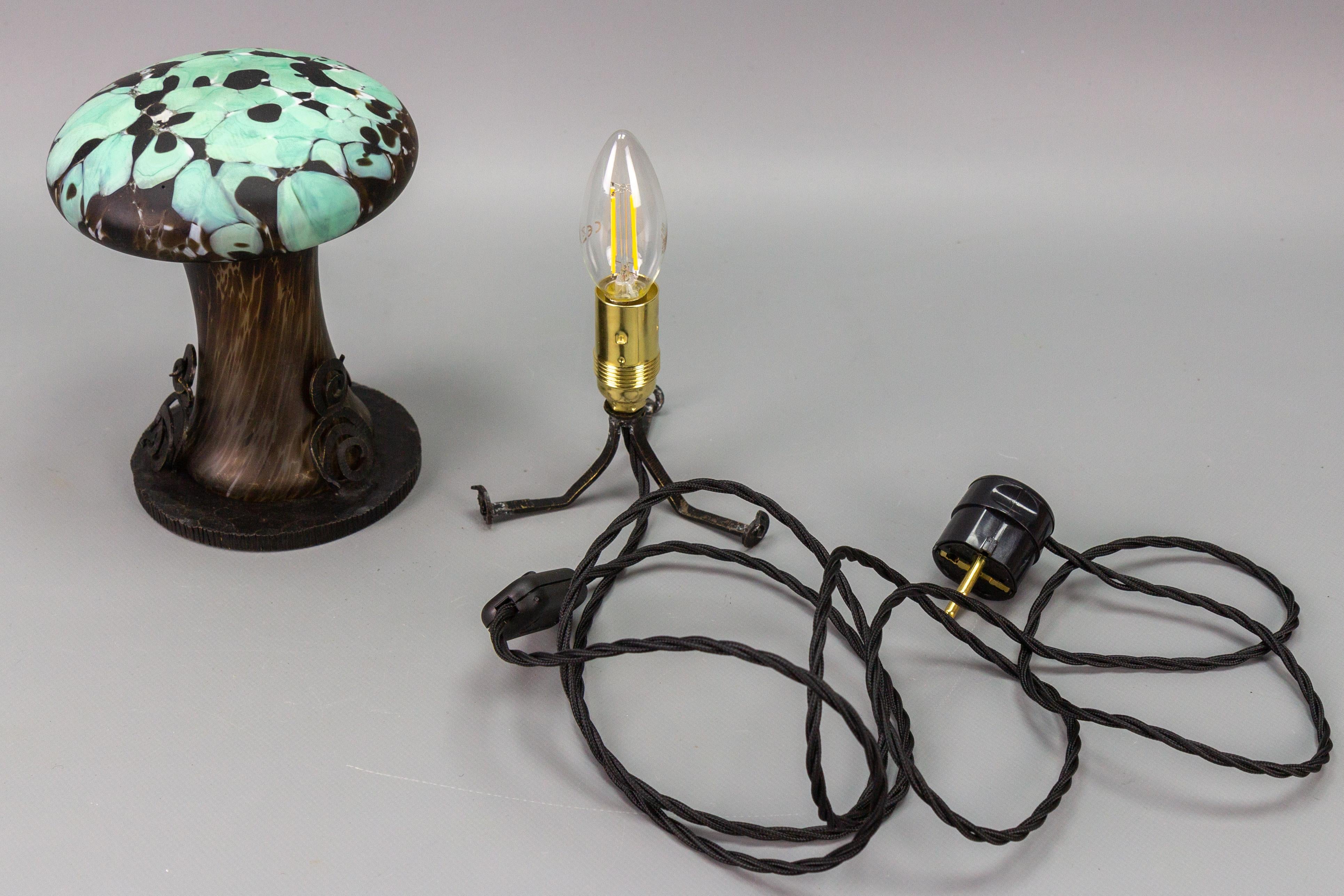 French Wrought Iron and Turquoise & Dark Brown Art Glass Lamp Mushroom 11