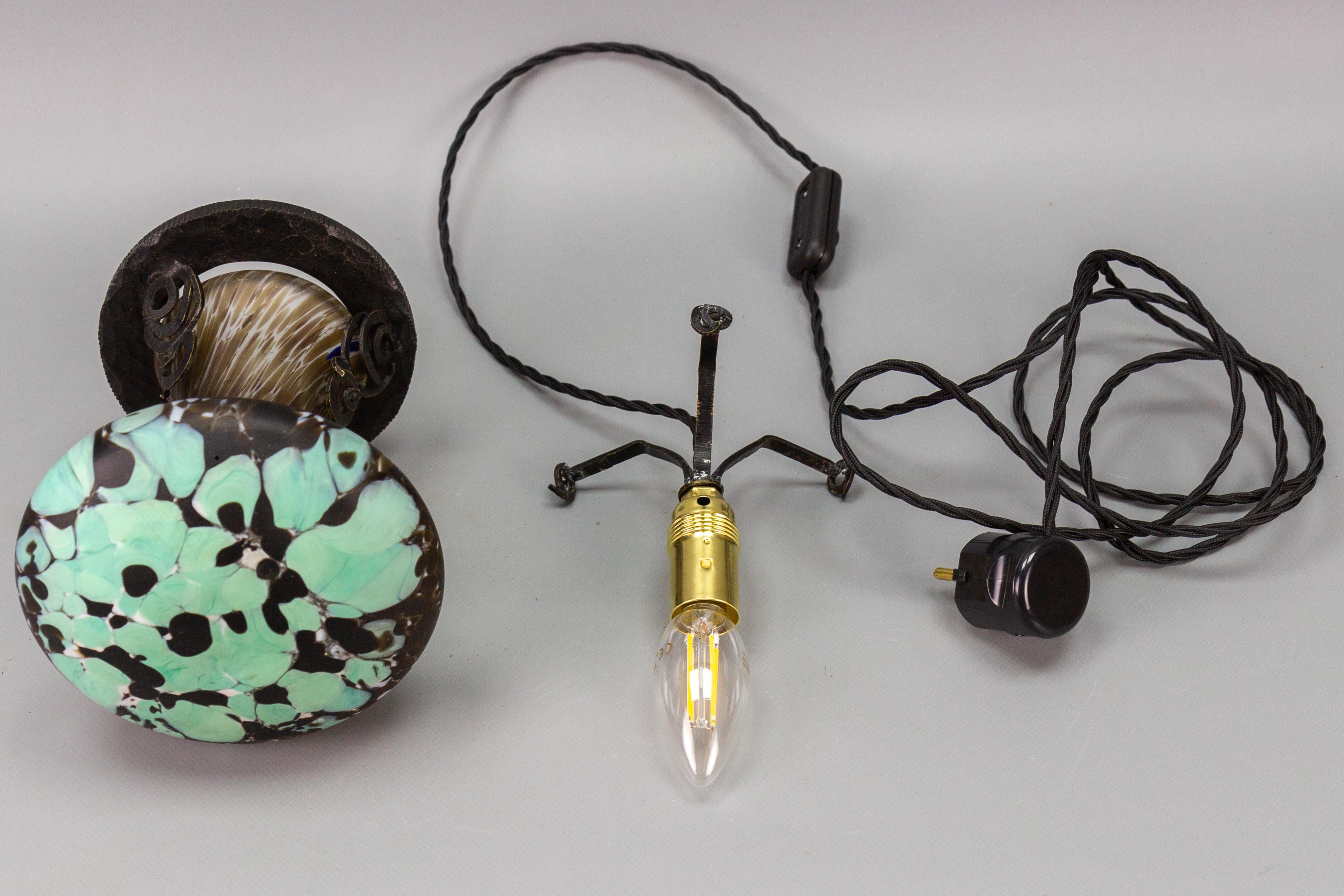 French Wrought Iron and Turquoise & Dark Brown Art Glass Lamp Mushroom 13