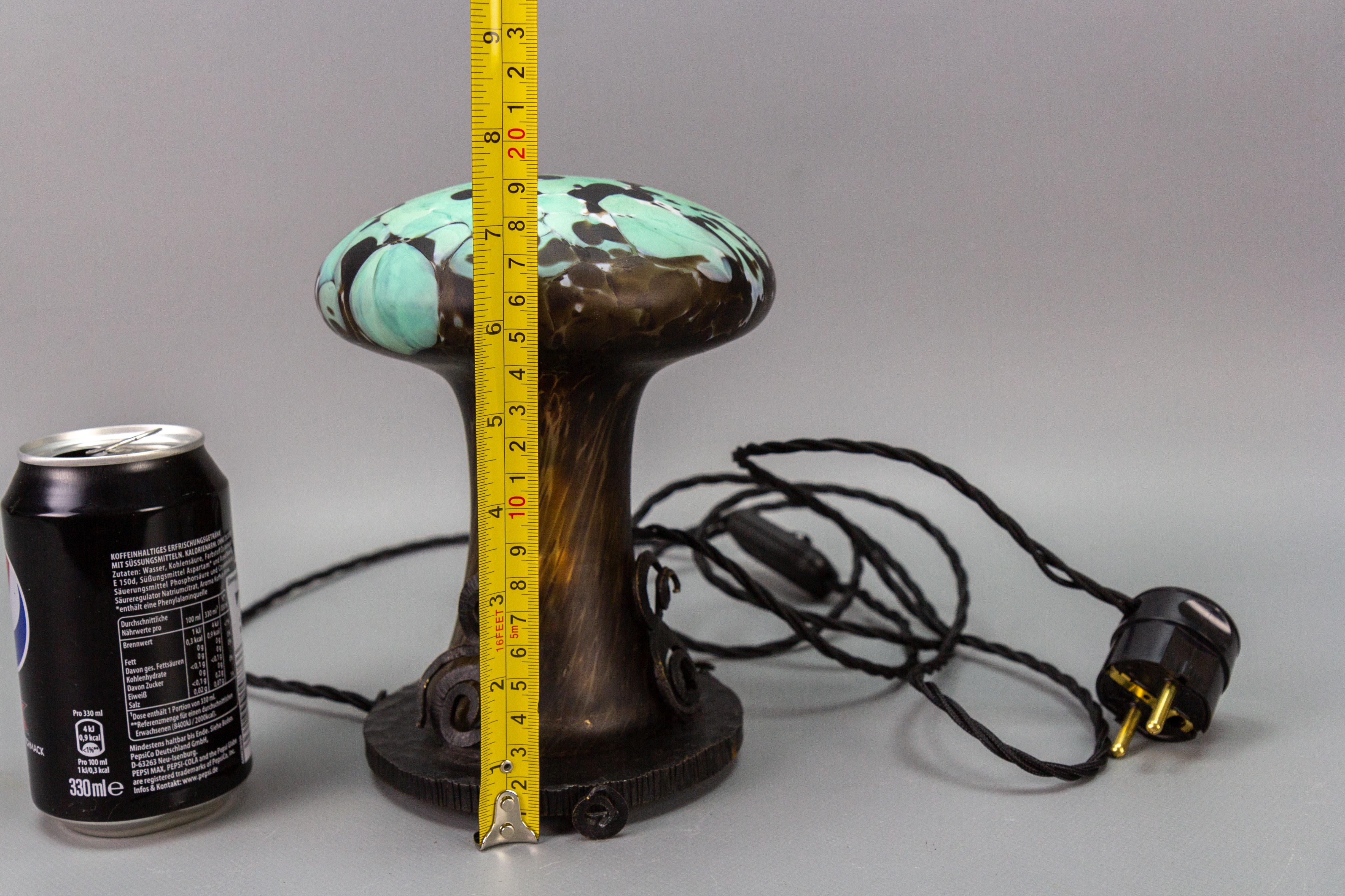 French Wrought Iron and Turquoise & Dark Brown Art Glass Lamp Mushroom 15