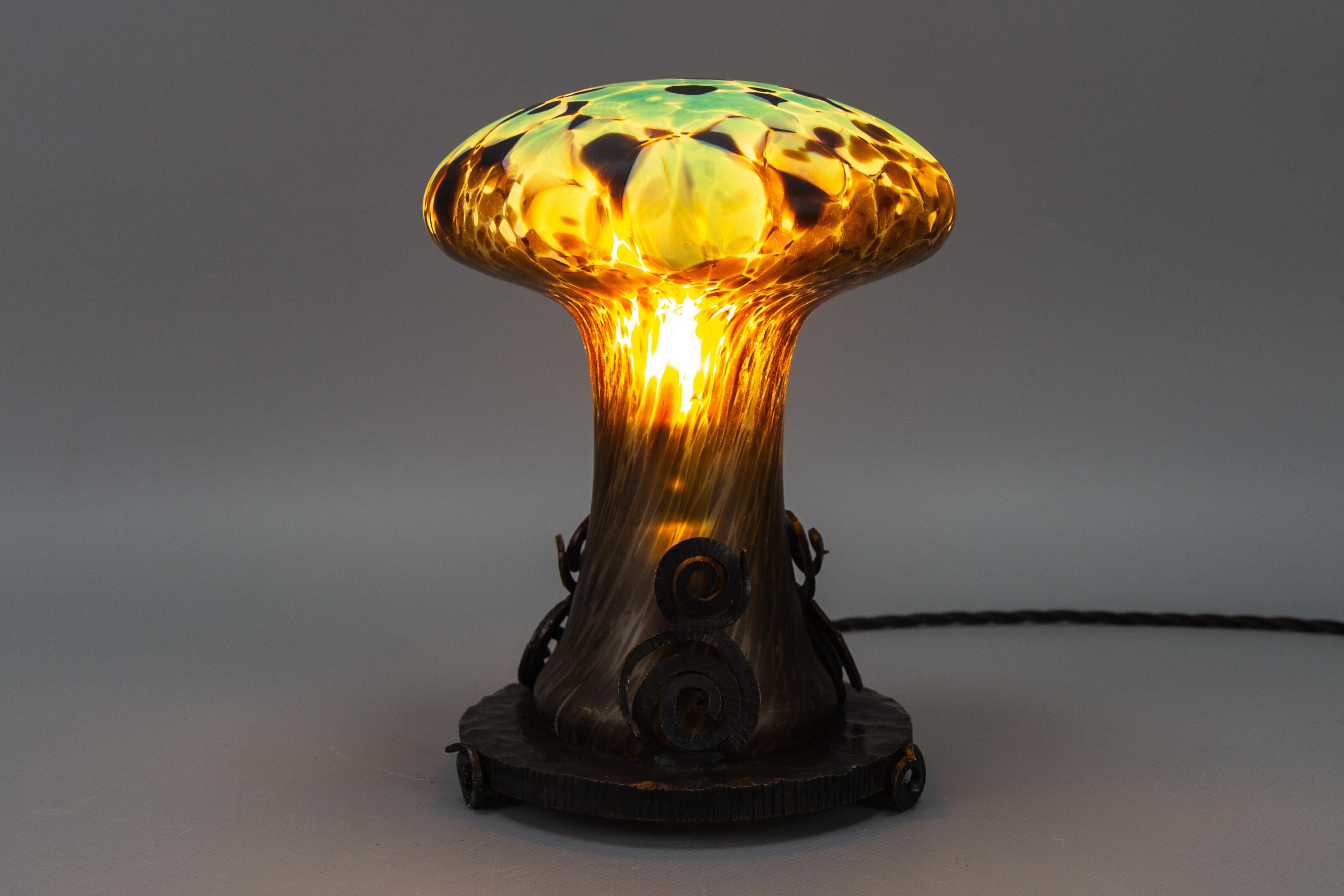 Art Deco French Wrought Iron and Turquoise & Dark Brown Art Glass Lamp Mushroom