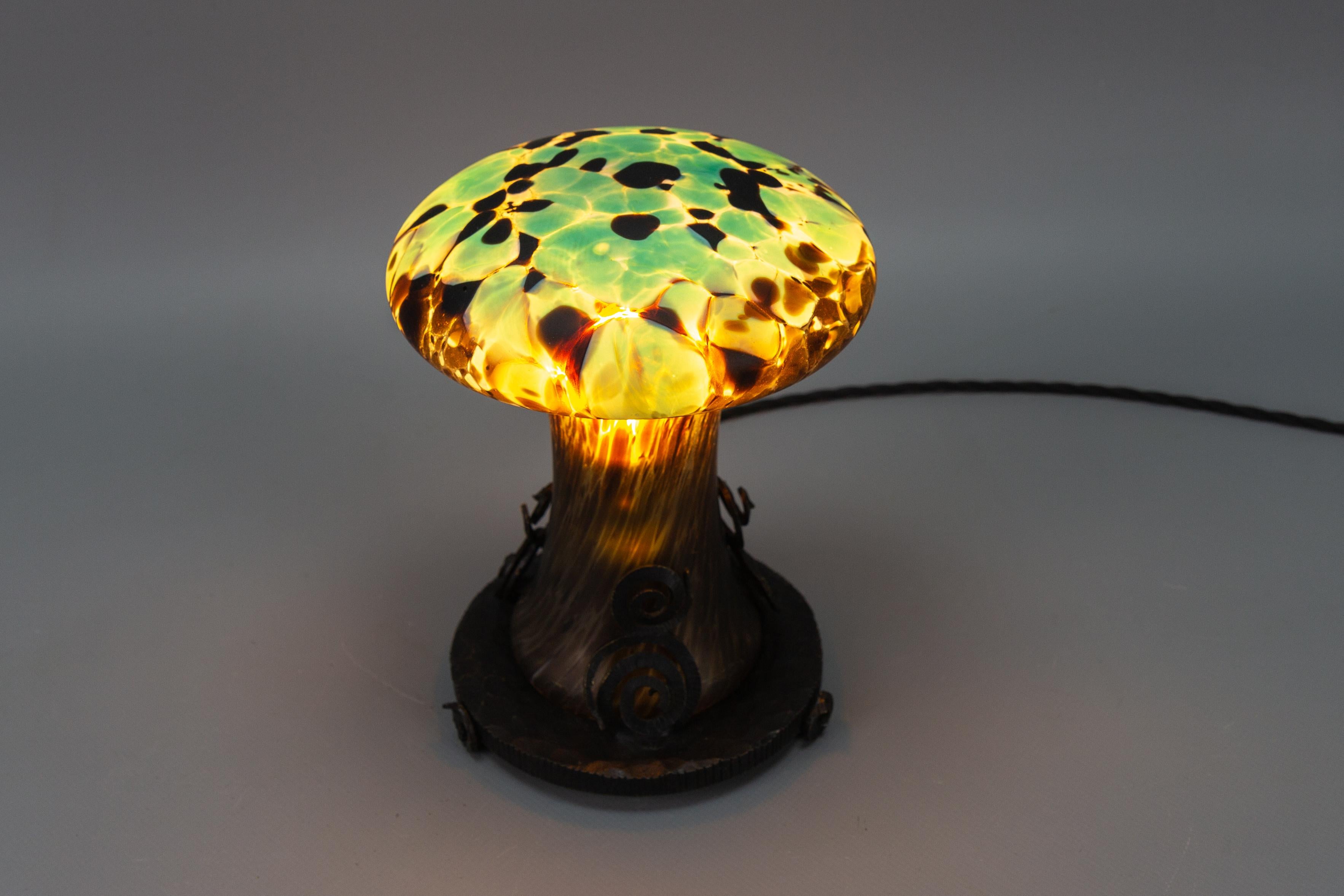 French Wrought Iron and Turquoise & Dark Brown Art Glass Lamp Mushroom In Good Condition In Barntrup, DE