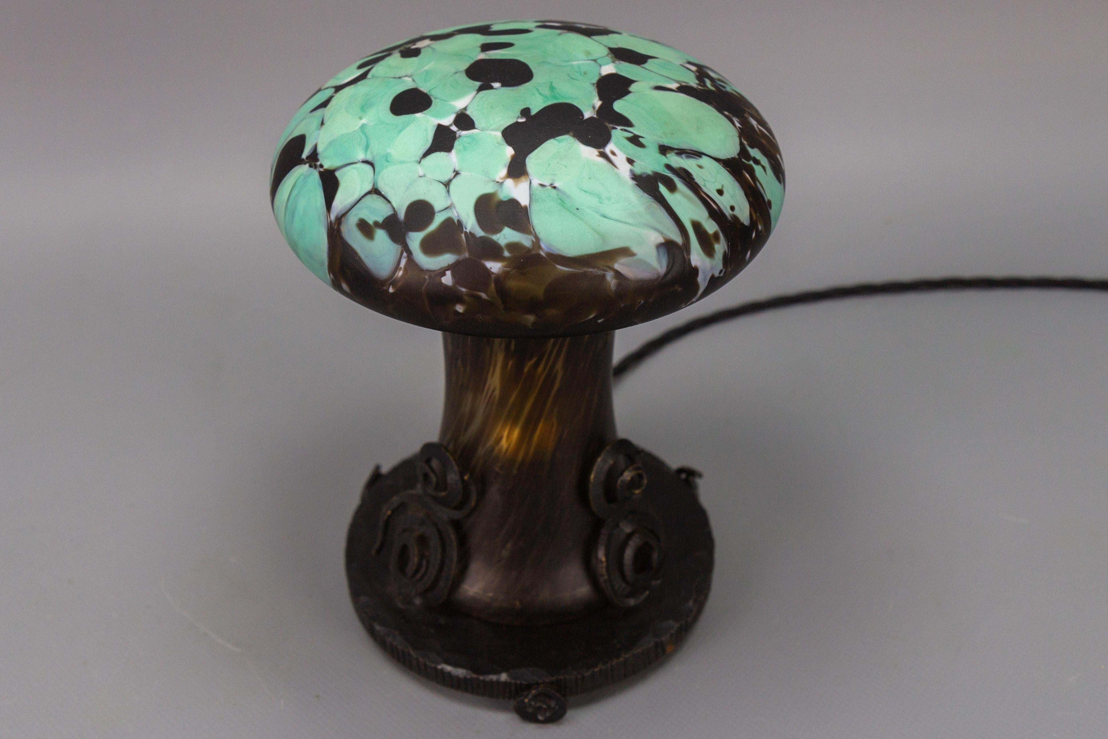 French Wrought Iron and Turquoise & Dark Brown Art Glass Lamp Mushroom 3