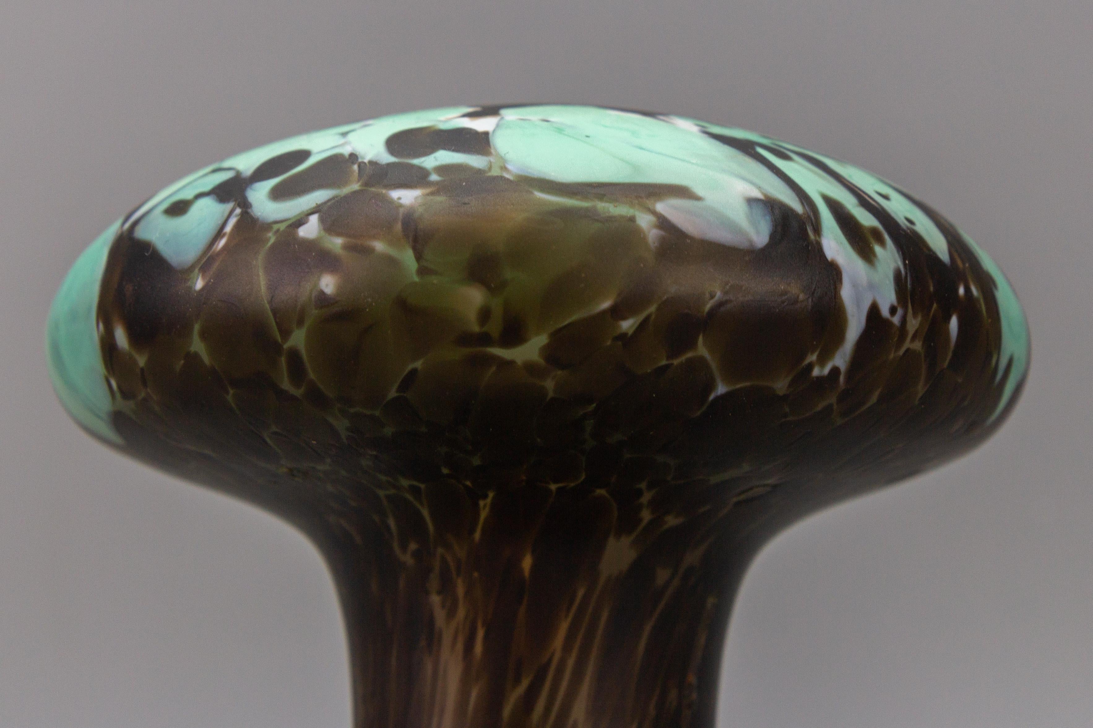 French Wrought Iron and Turquoise & Dark Brown Art Glass Lamp Mushroom 4