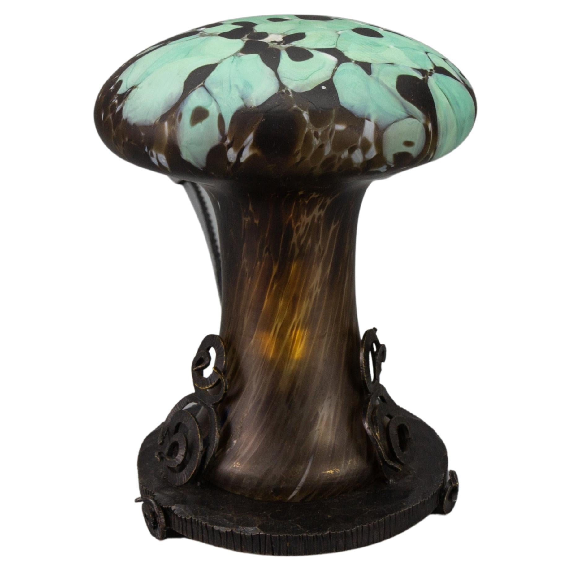 French Wrought Iron and Turquoise & Dark Brown Art Glass Lamp Mushroom