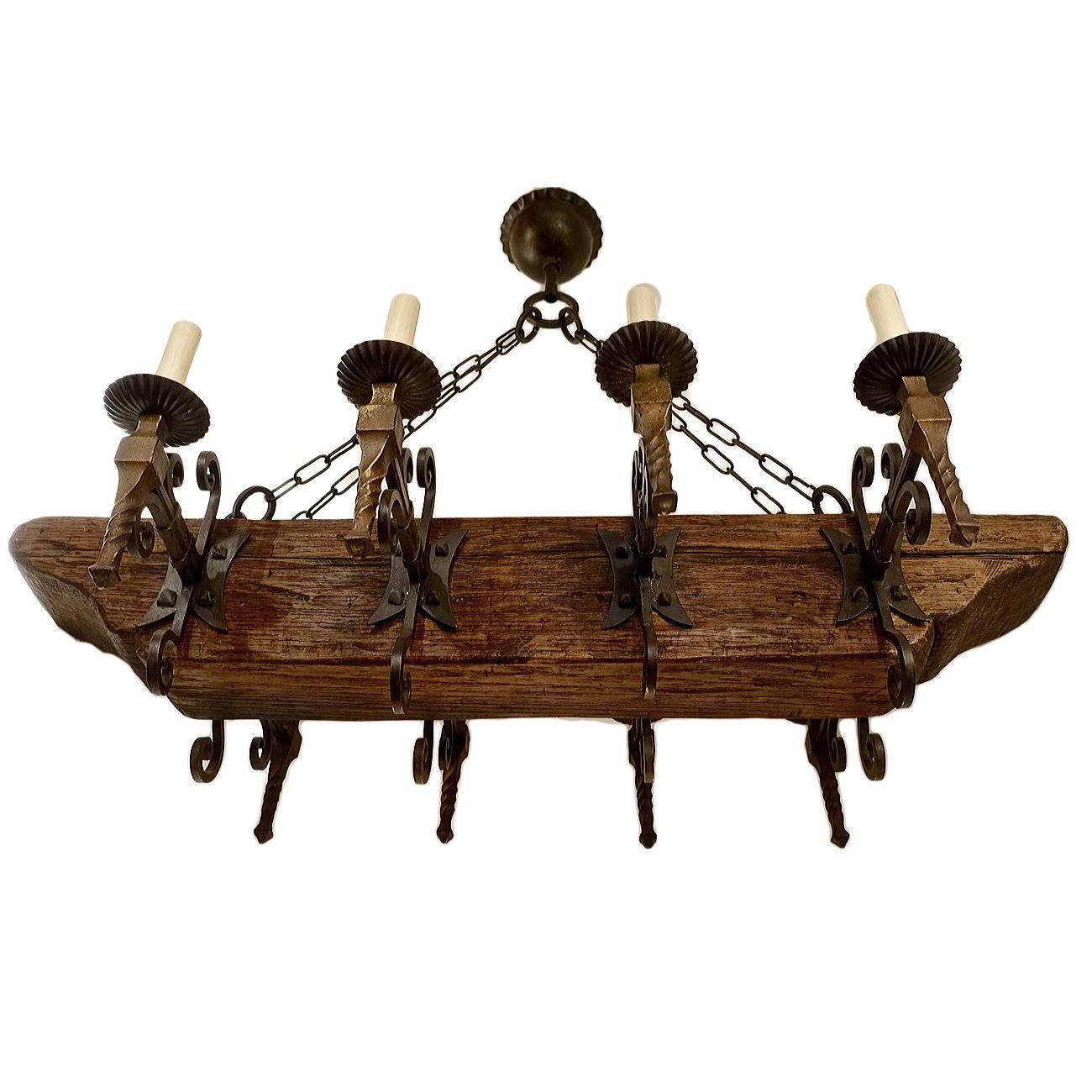 French Wrought Iron and Wood Chandelier For Sale