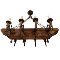 French Wrought Iron and Wood Chandelier