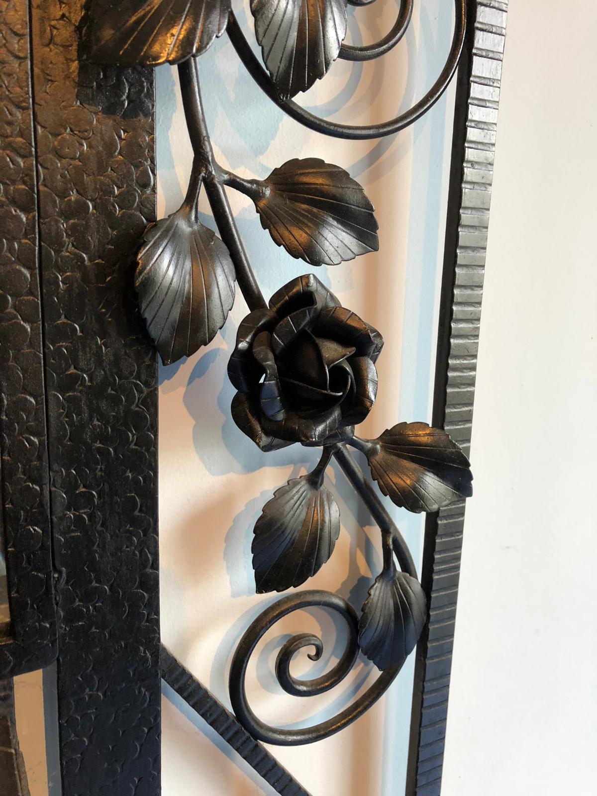 Hand-Crafted French Wrought Iron Art Deco Coat Hat Hanger with Roses, 1930