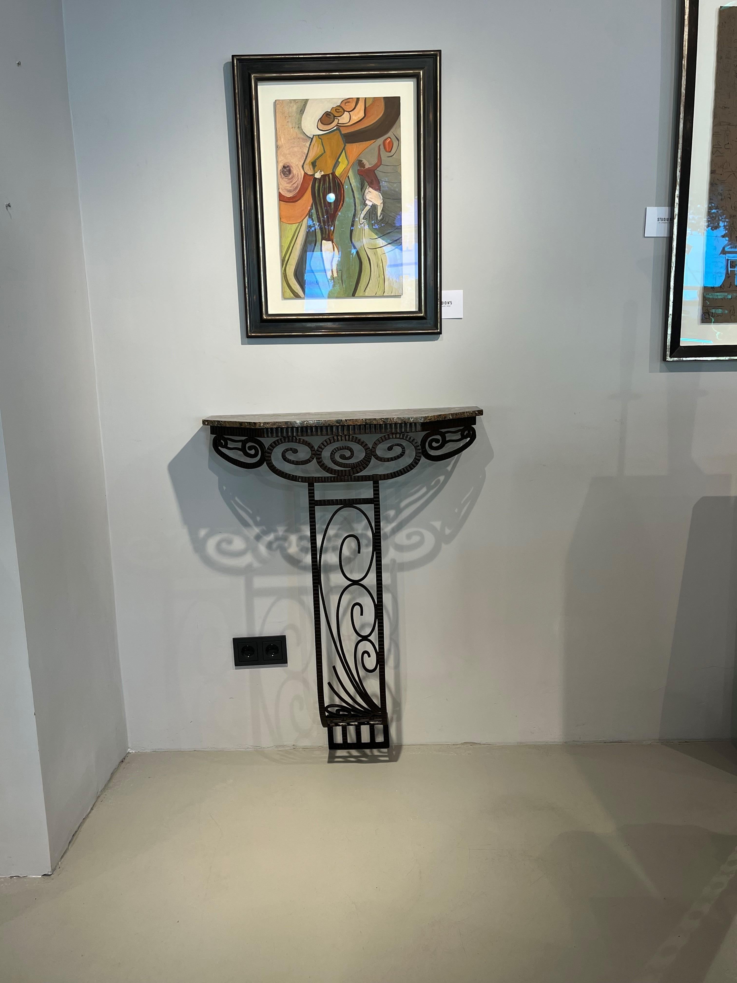 Table console Art Déco en fer forgé français avec plateau en marbre brun-gris, années 1930 en vente 5