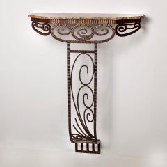French Wrought Iron Art Déco Console Table with Brown-Grey Marble Top 1930s