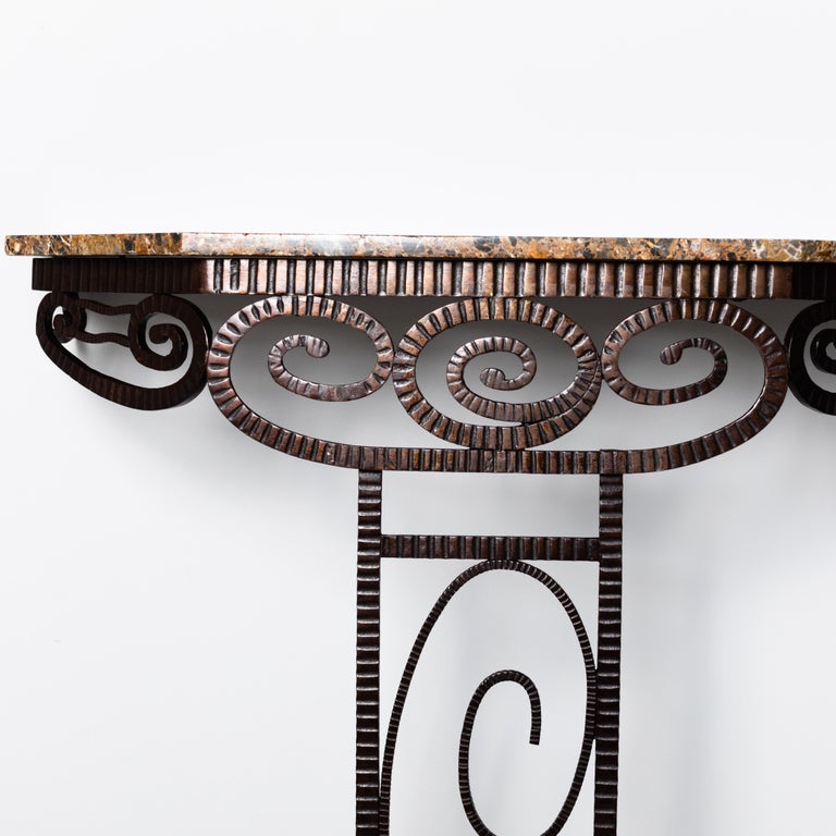 French Wrought Iron Art Déco Console Table with Brown-Grey Marble Top ...