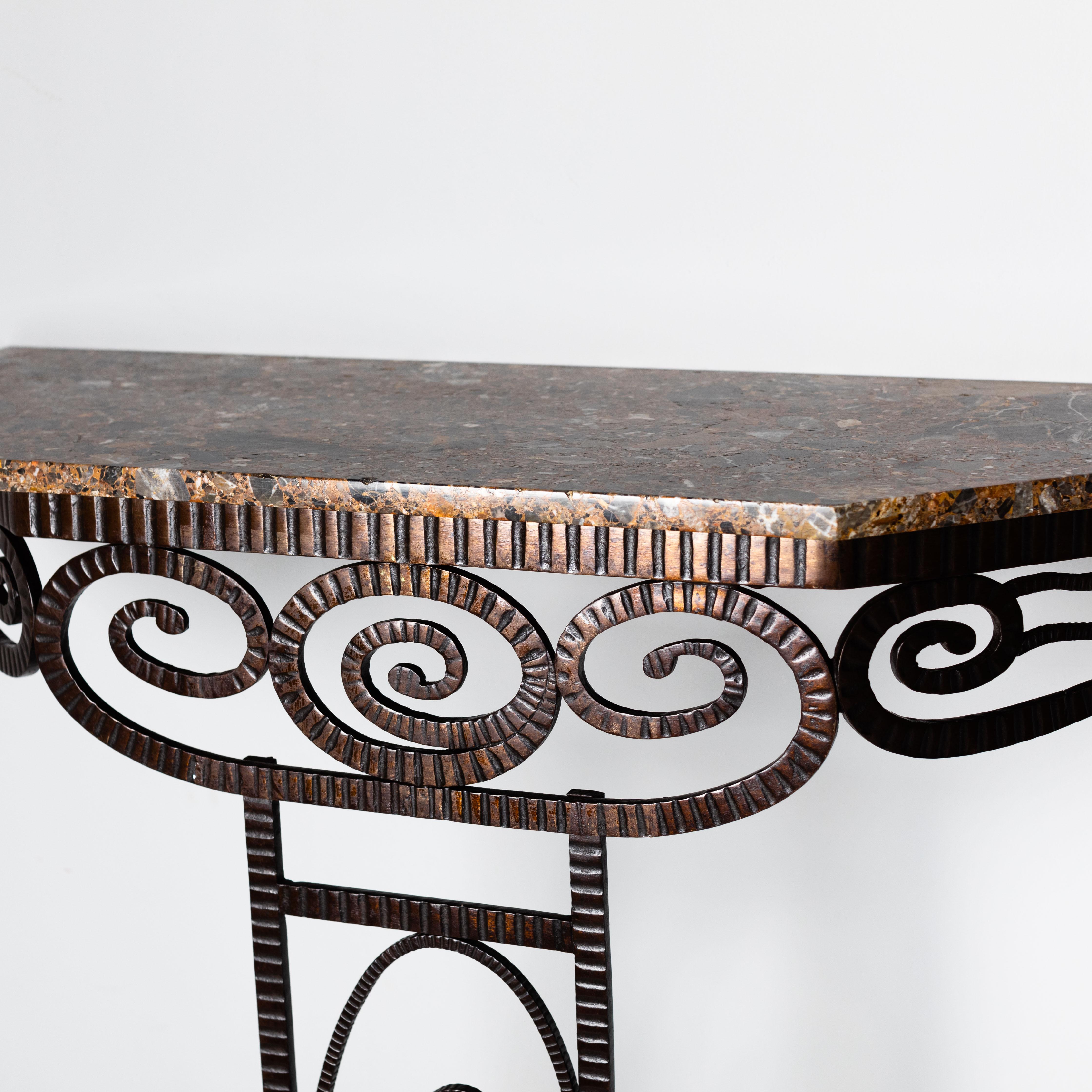 Hand-Crafted French Wrought Iron Art Déco Console Table with Brown-Grey Marble Top 1930s For Sale