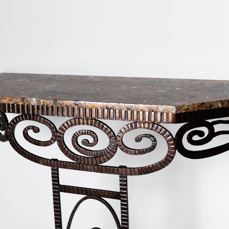 French Wrought Iron Art D co Console Table With Brown Grey Marble Top