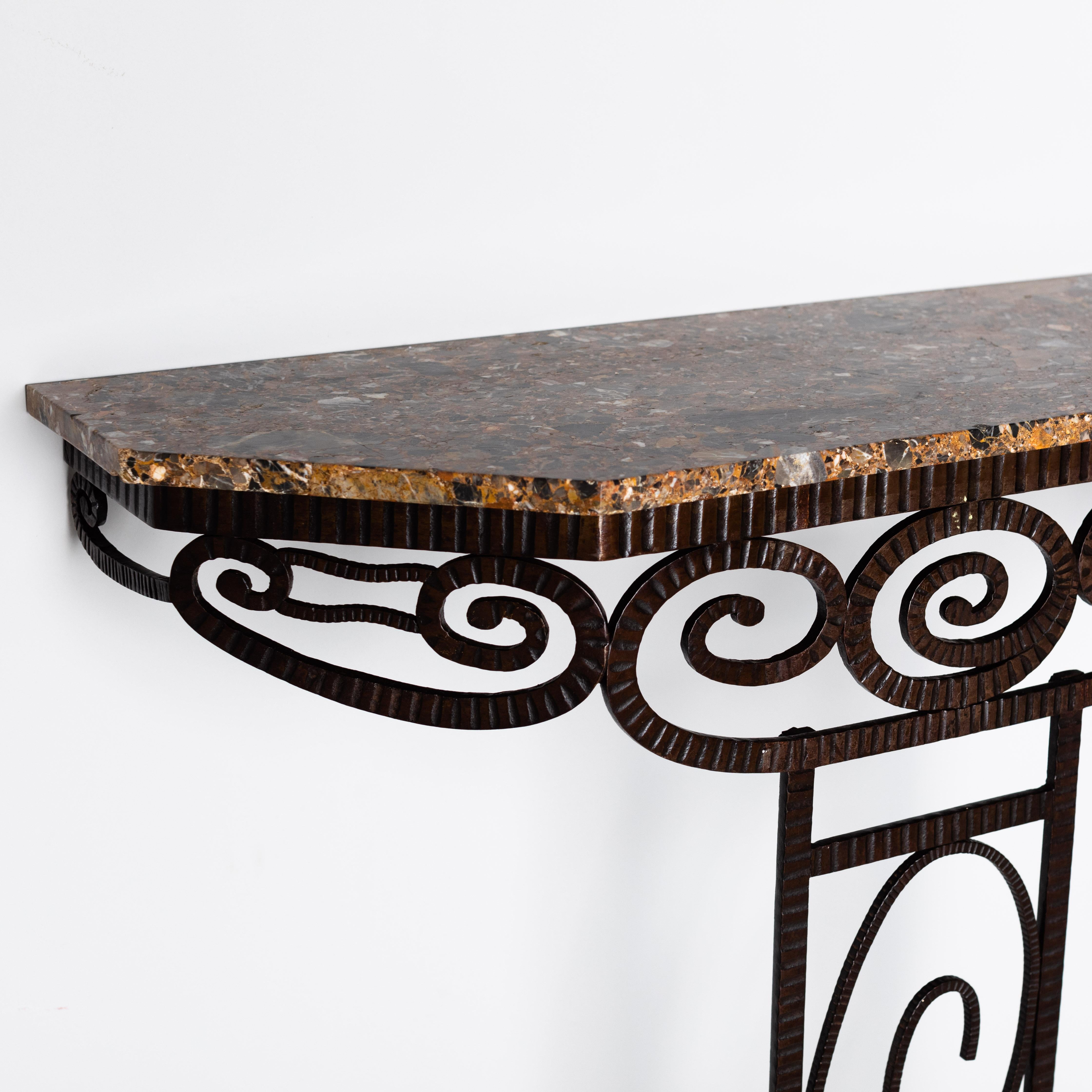 Early 20th Century French Wrought Iron Art Déco Console Table with Brown-Grey Marble Top 1930s For Sale