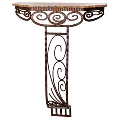 French Wrought Iron Art Déco Console Table with Brown-Grey Marble Top 1930s