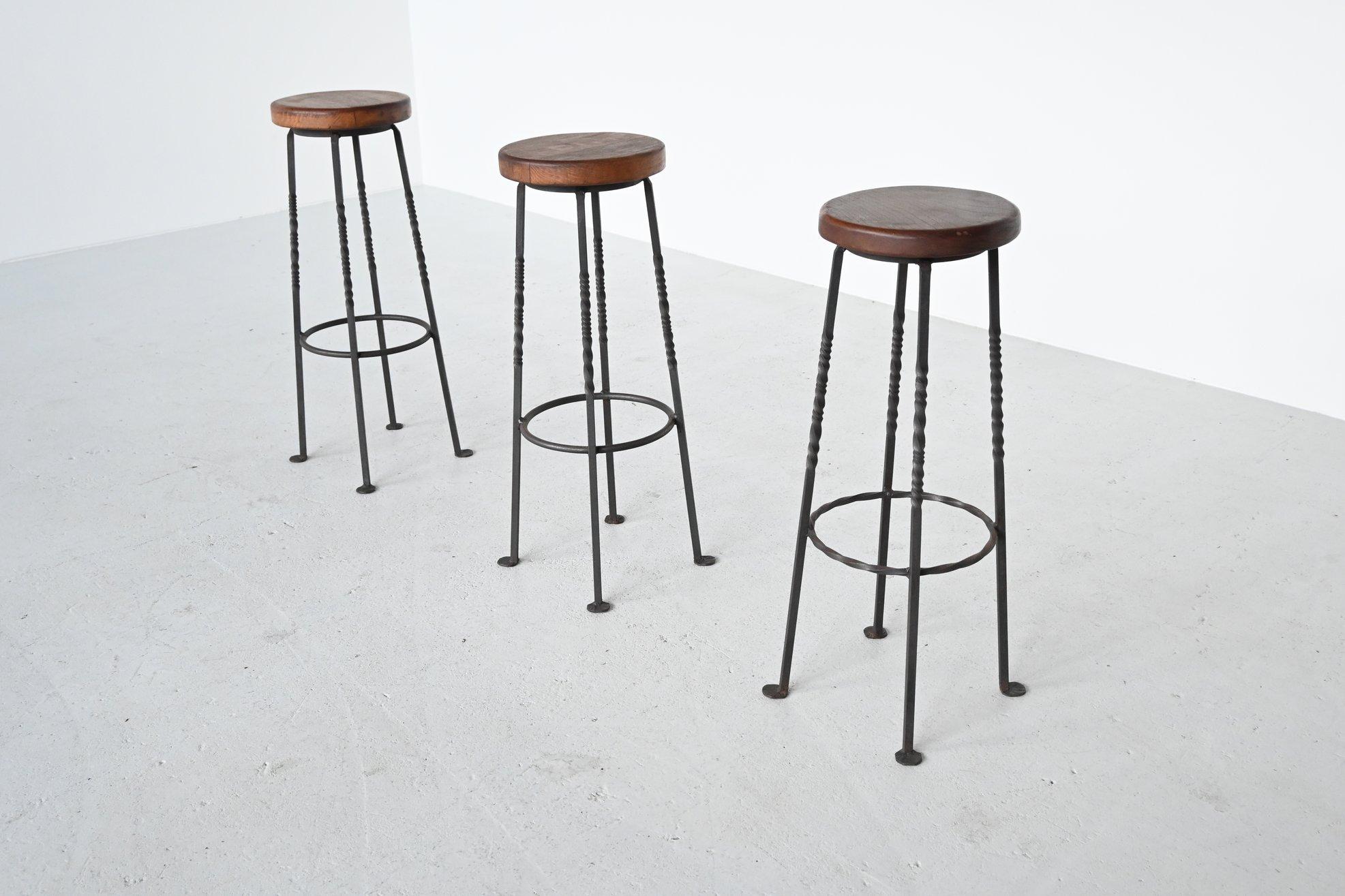 French Wrought Iron Bar Stools Set of 3, France, 1960 In Good Condition In Etten-Leur, NL
