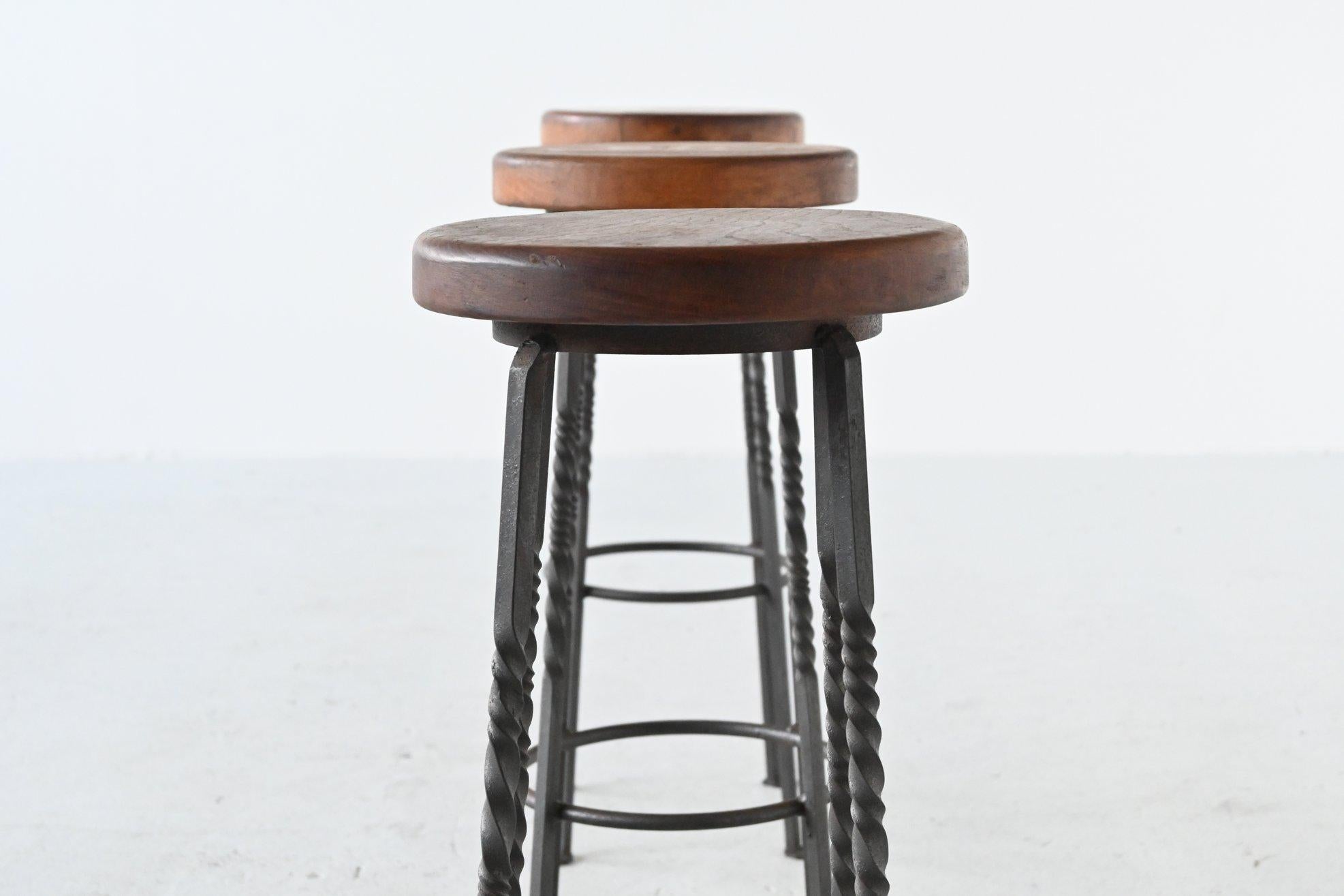 Mid-20th Century French Wrought Iron Bar Stools Set of 3, France, 1960