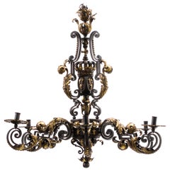Baronialer schmiedeeiserner Kronleuchter mit vergoldeten Fleur-de-Lis-Motiven aus Frankreich, um 1890