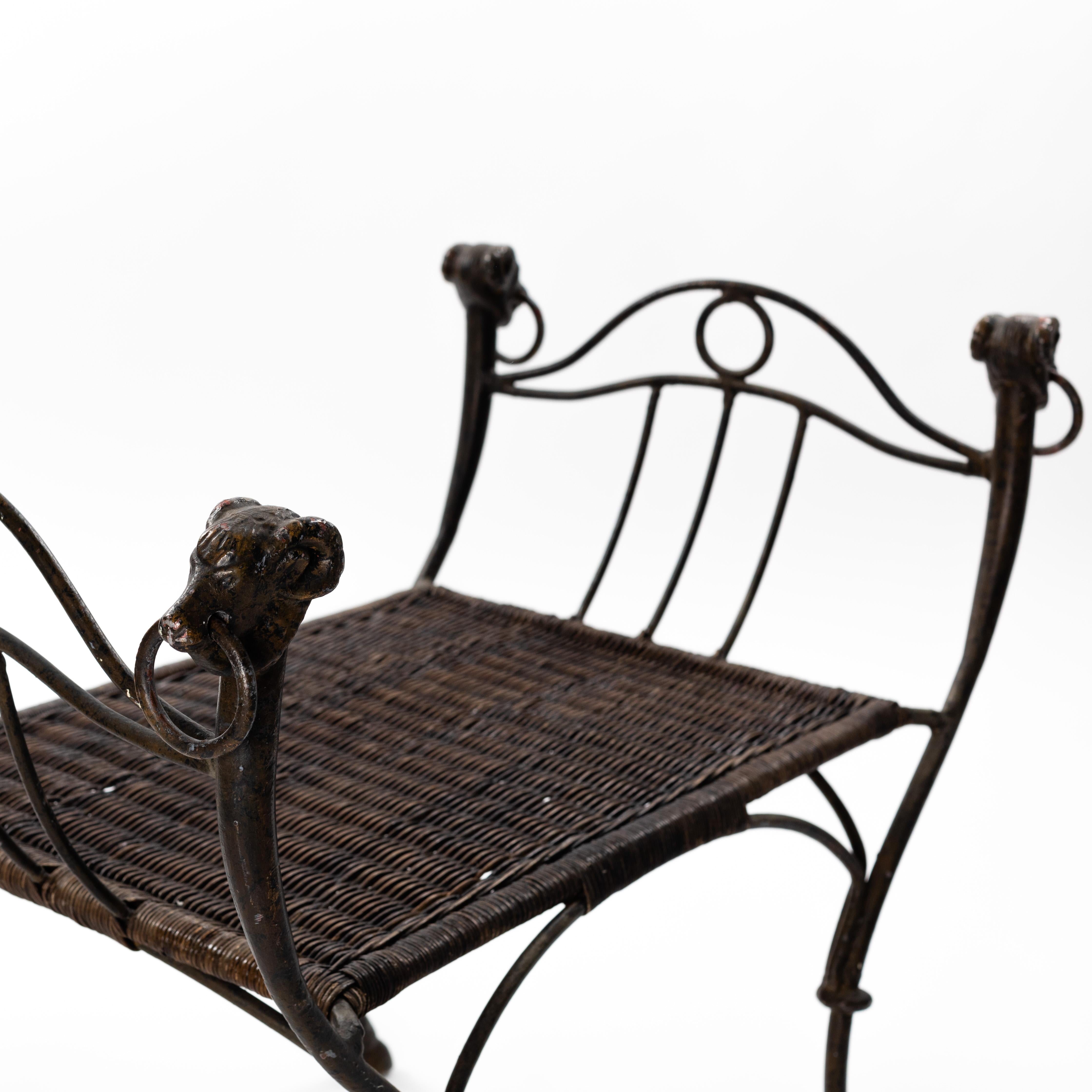 Mid-20th Century French Wrought Iron Bench with Ratan Seat Wickerwork from the 1940s
