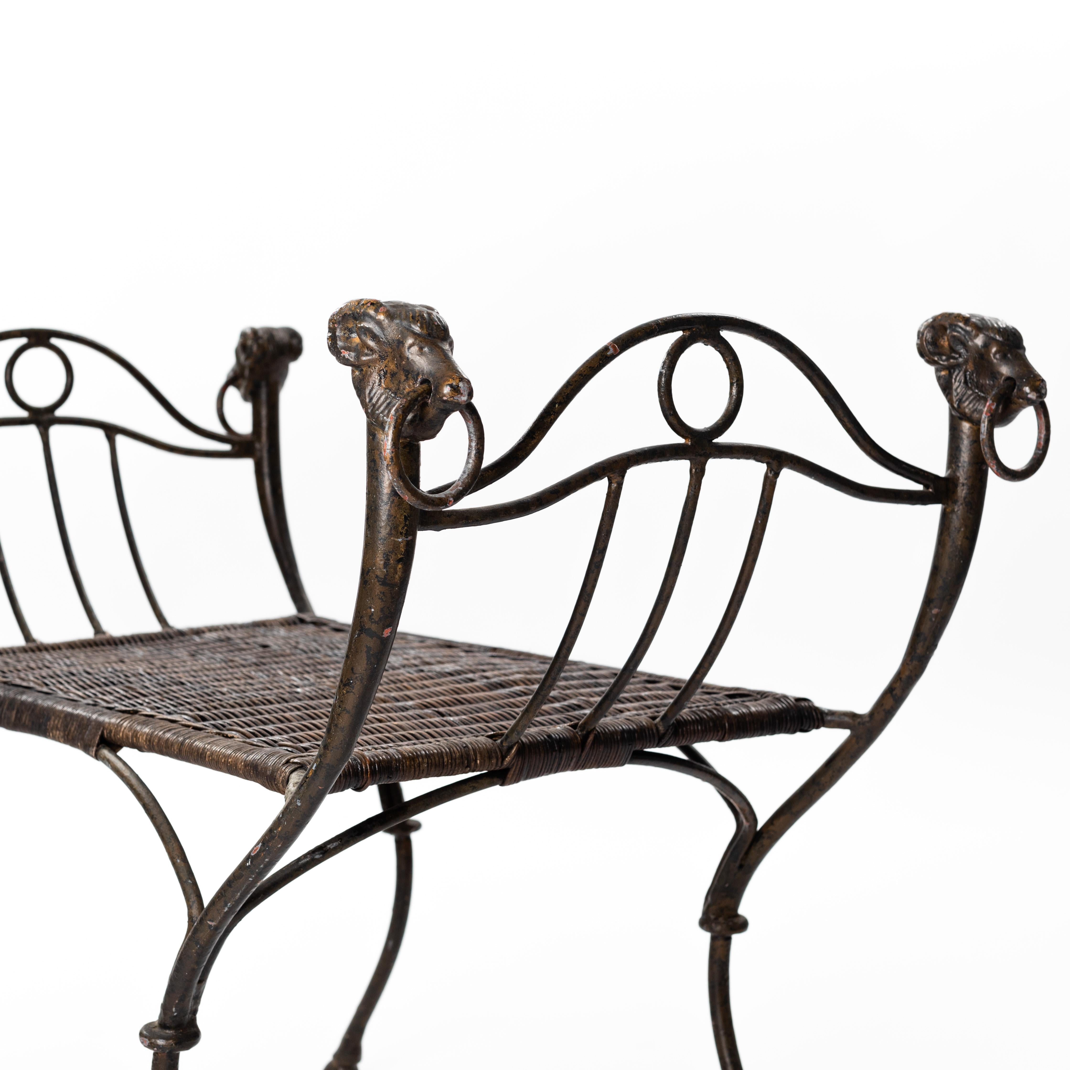 French Wrought Iron Bench with Ratan Seat Wickerwork from the 1940s 3