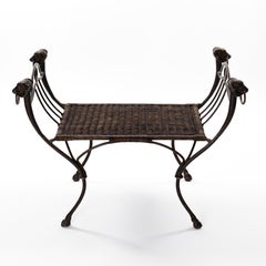 French Wrought Iron Bench with Ratan Seat Wickerwork from the 1940s