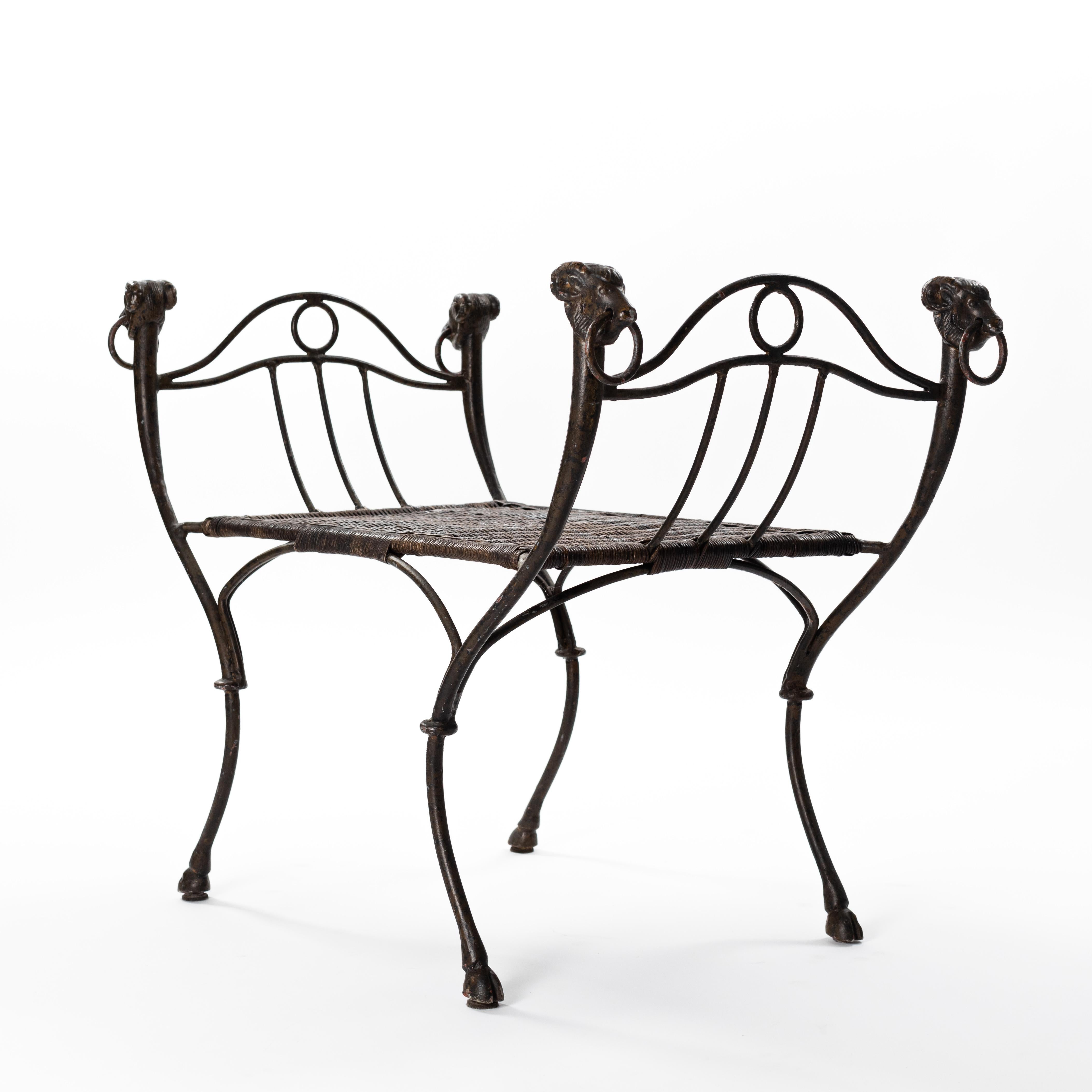 Art Deco French Wrought Iron Bench with Ratan Seat Wickerwork from the 1940s