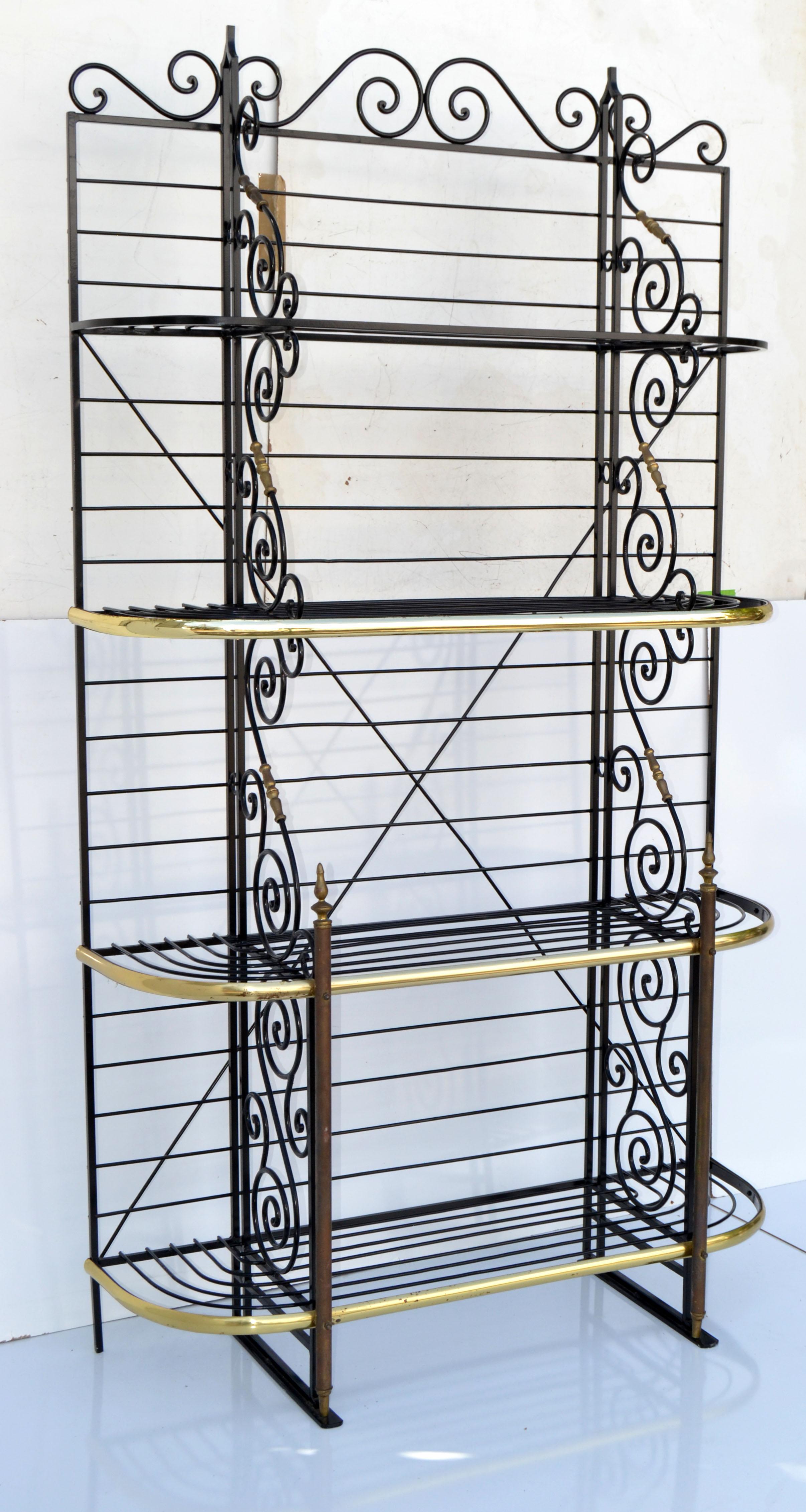 7F3 tall neoclassical 4 tier wrought iron, bronze & brass bakery shelf, Etagere 
The space in between the shelves is 20, 20.5 and 17.25 inches.