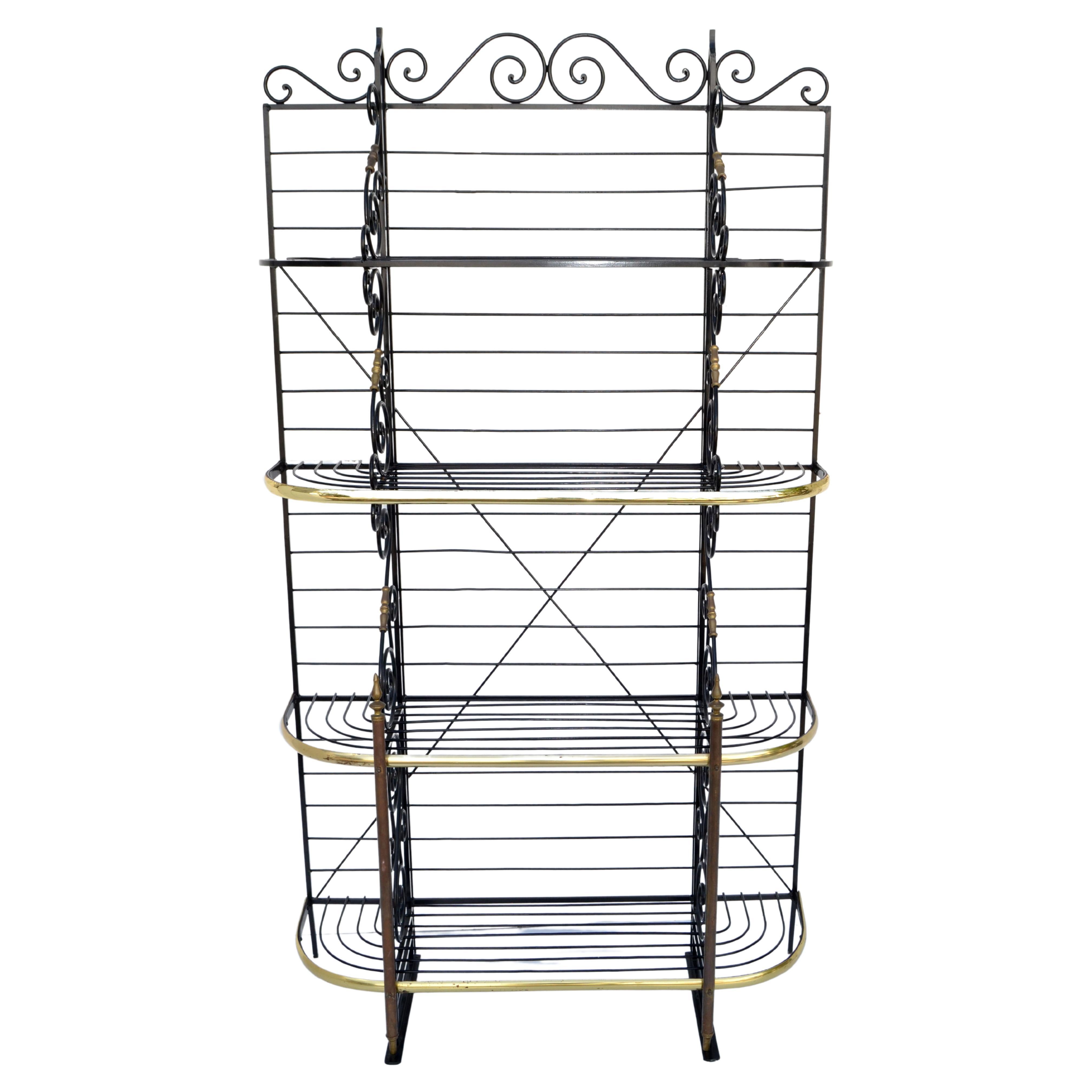 French Wrought Iron & Brass 4 Tier Bakery Shelf in Black & Gold Finish Etagere For Sale