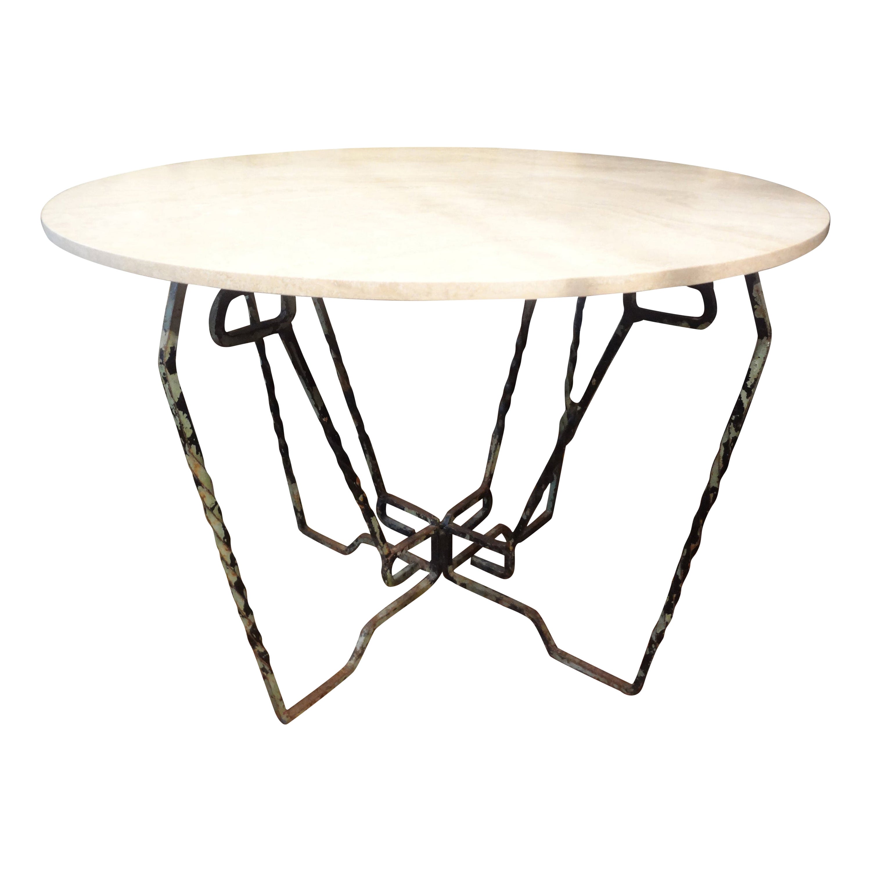 French Wrought Iron Center Table with Travertine Top