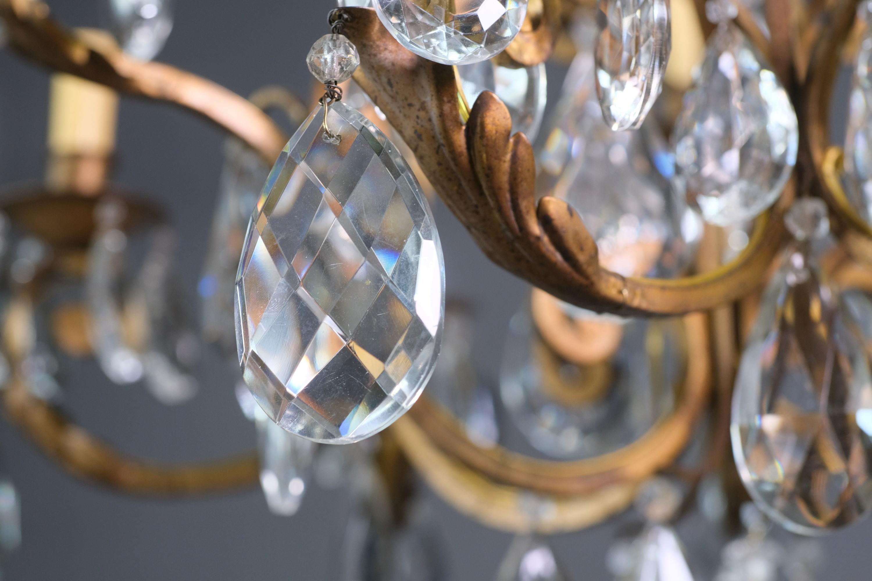 20th Century French Wrought Iron Chandelier High Quality Faceted Crystals For Sale