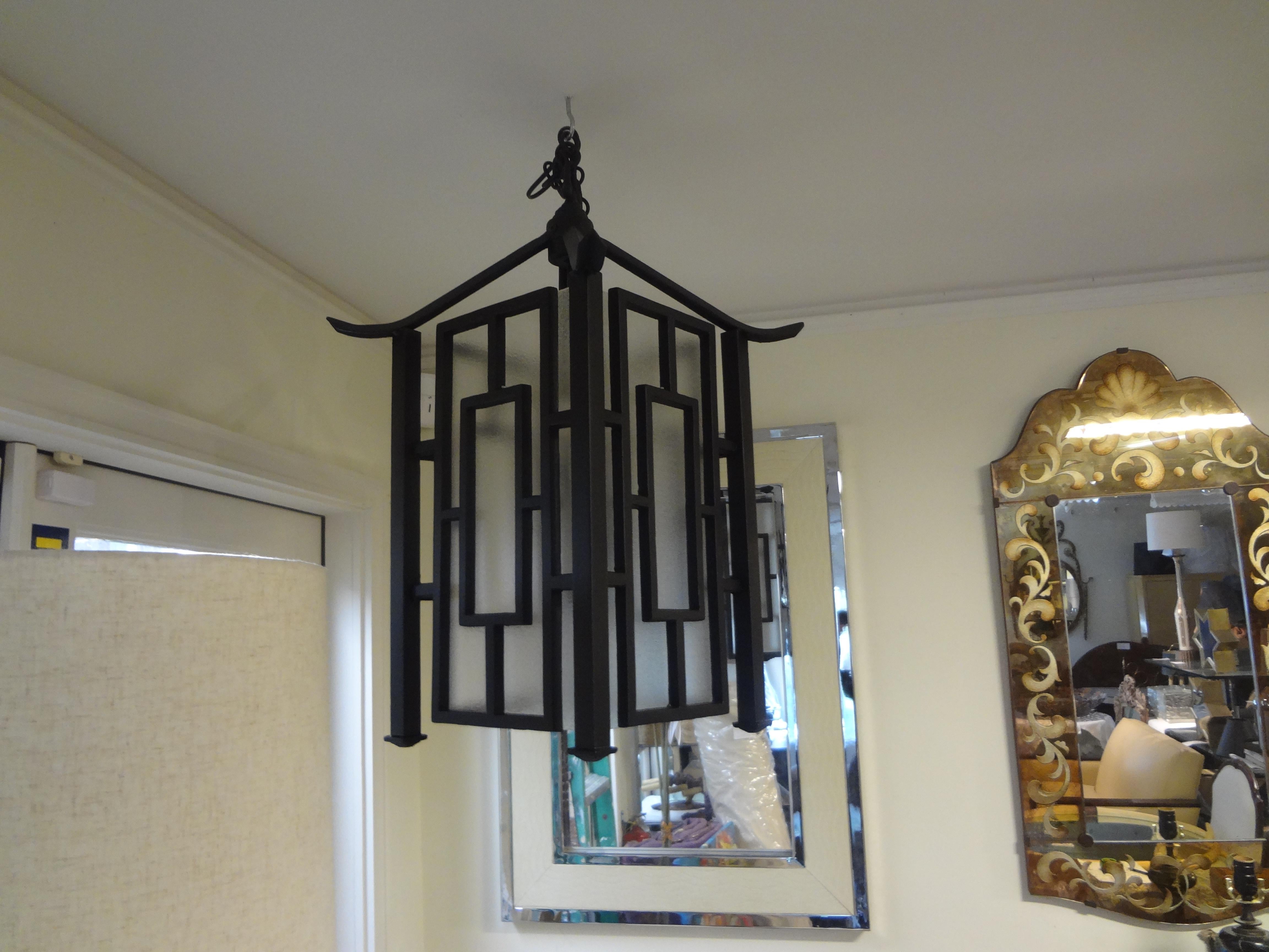 European French Wrought Iron Chinese Chippendale Style Pagoda Lantern For Sale