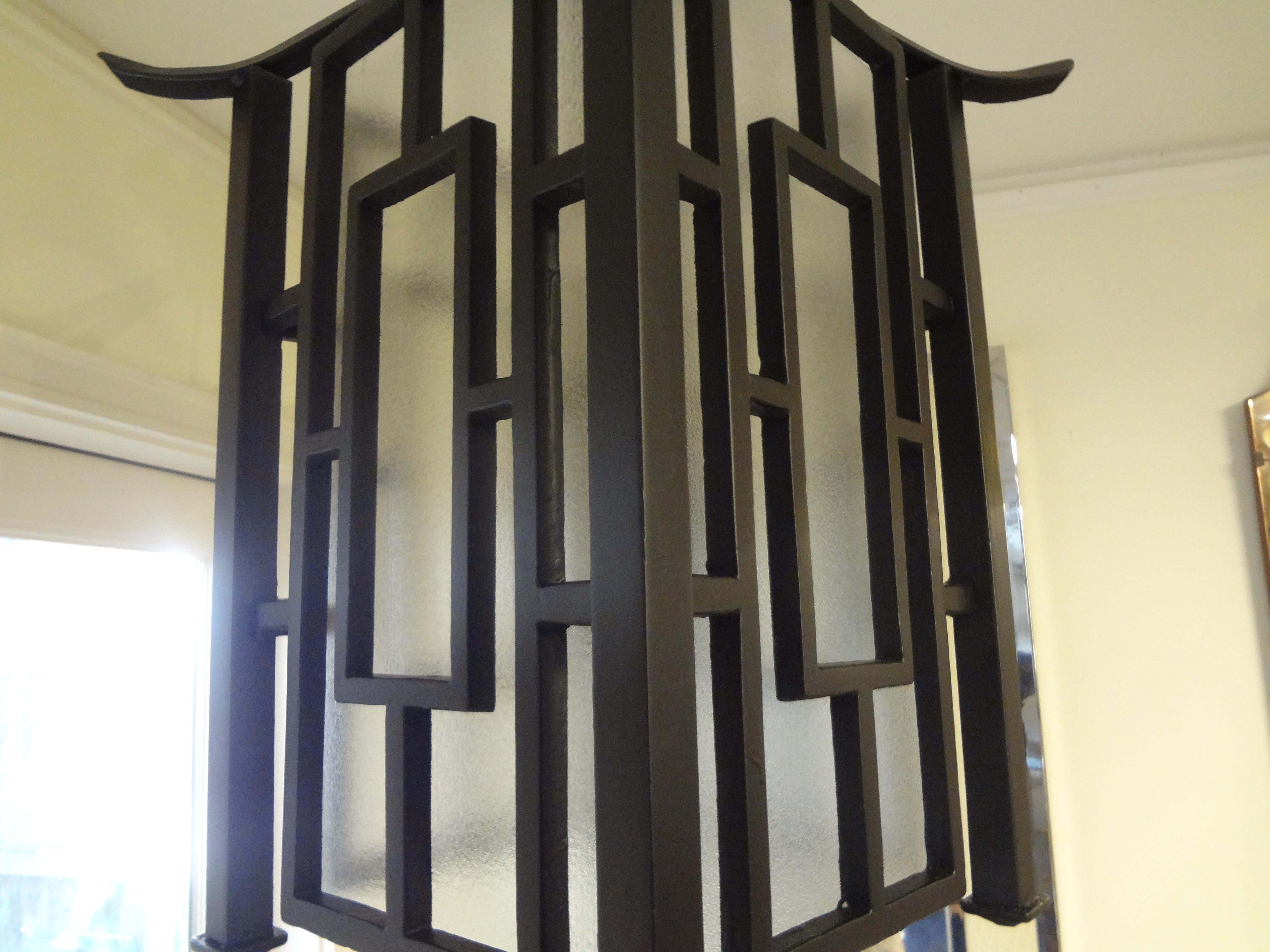 French Wrought Iron Chinese Chippendale Style Pagoda Lantern In Good Condition For Sale In Houston, TX