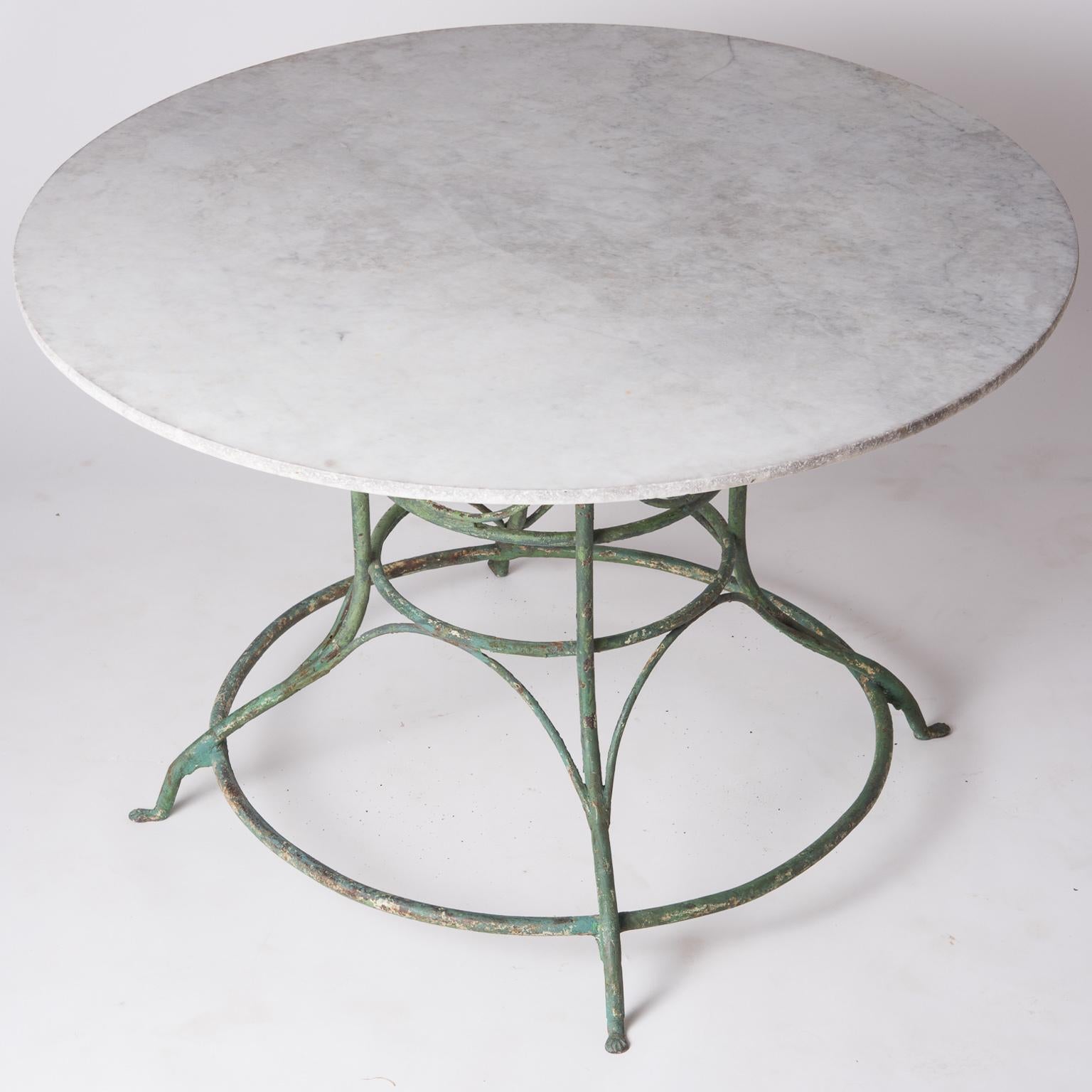 French Wrought Iron Circular Table with White Marble Top, circa 1900 2