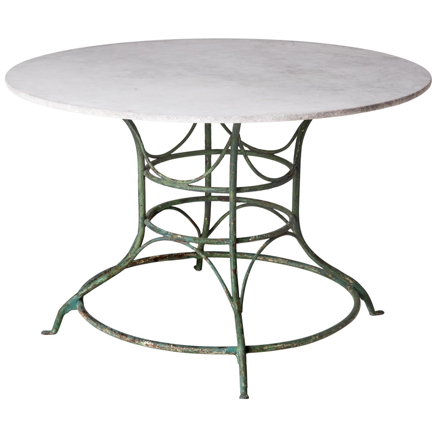 French Wrought Iron Circular Table with White Marble Top, circa 1900